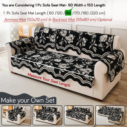 Chenille Sofa Cover Mat with Curvy Edges, 'Retro Curves Series' Sofa Mat, Classic Black