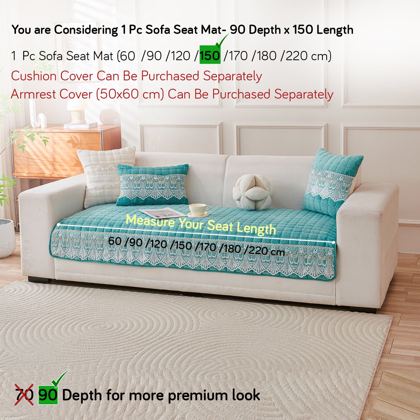 BelleLace Series Imperial Milk Velvet Sofa Cover Mat with Lace Design - Teal