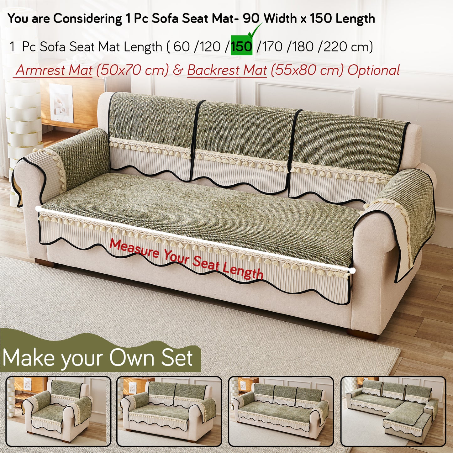 Thick Woven Weave Chenille Sofa Cover with Tassel|'Wavy Royale Series' Sage Green