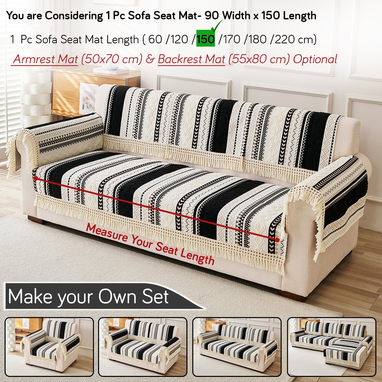 Nordic Boho Geometric Sofa Cover Mat with Tassel, 'Nordic Tassel Series'  Aurora Black