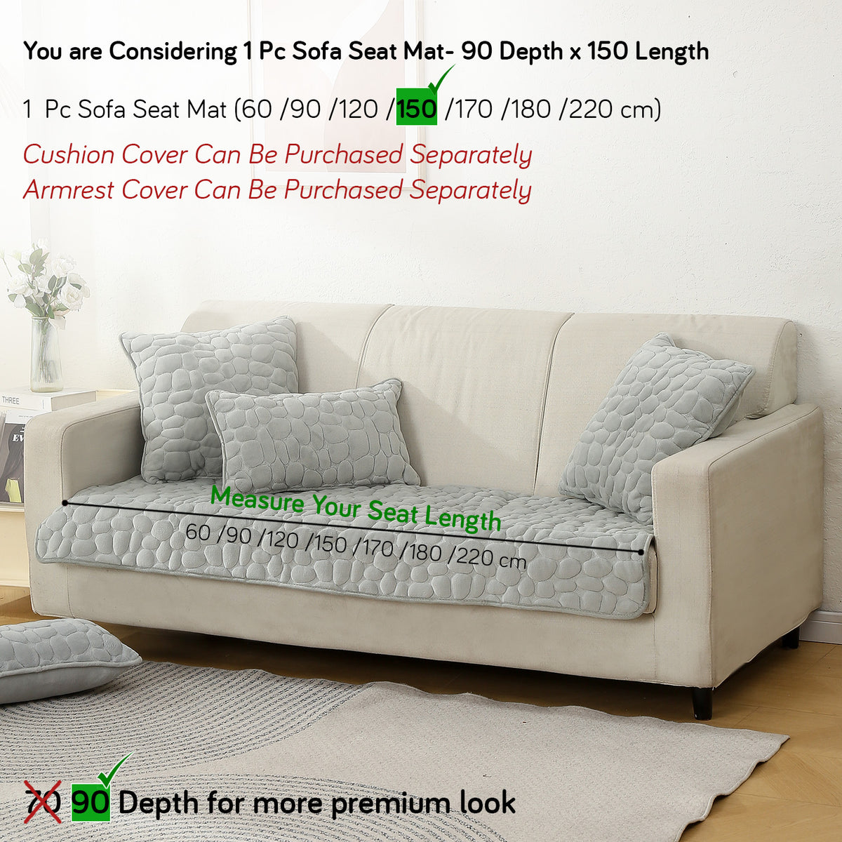 Premium Pebble Milk Velvet Anti Slip Sofa Mats, Moon Grey