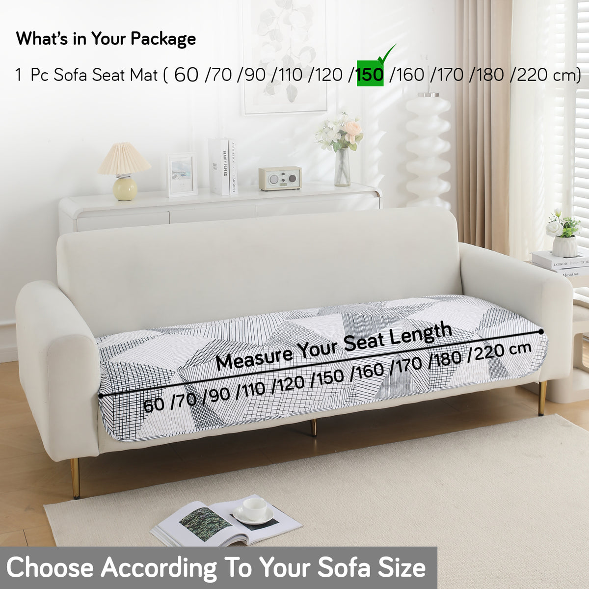 Water Repellent + Waterproof Quilted Sofa Mats, Snow White Black Geometry