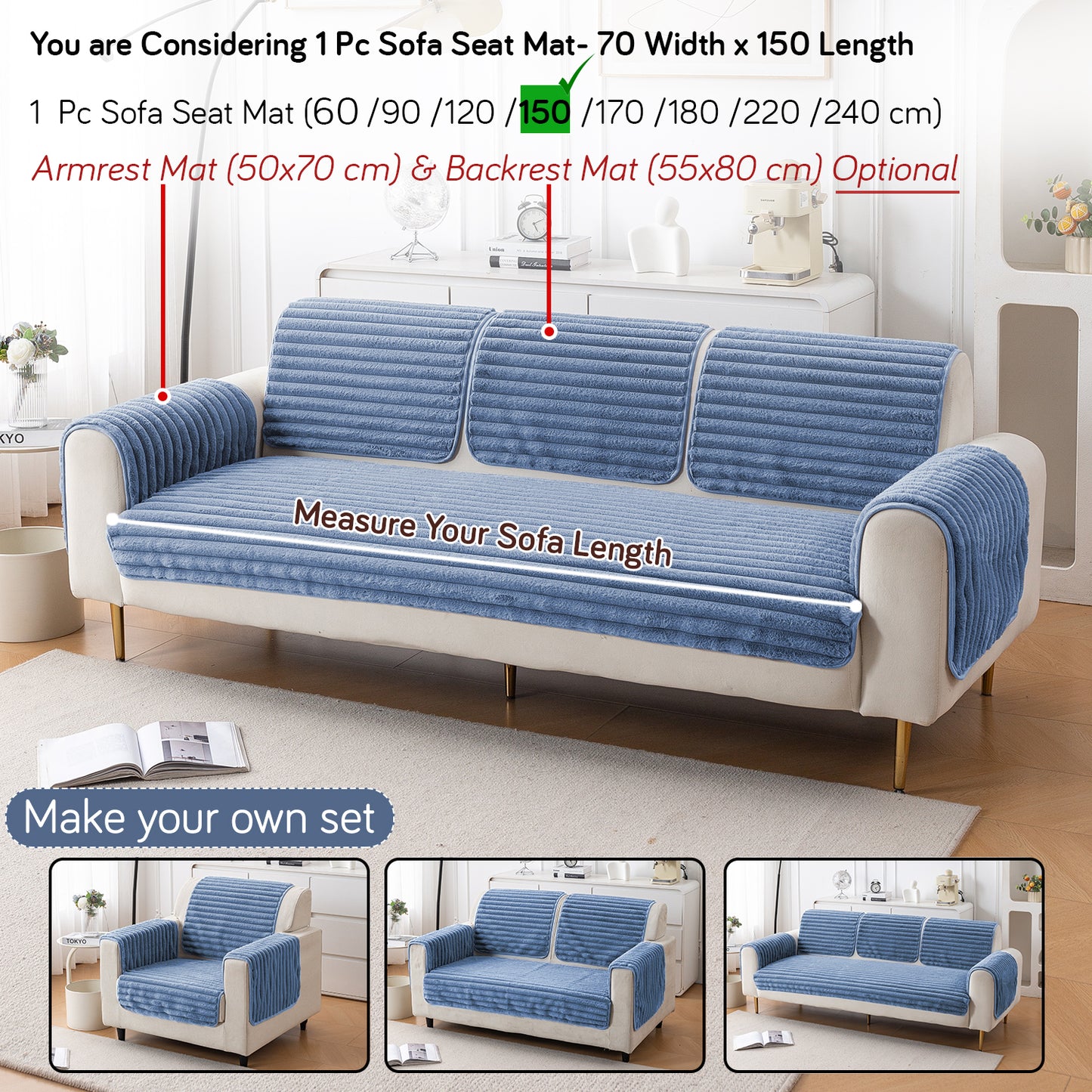 Faux Rabbit Fur Plush Anti-Slip Sofa Mat |Snuggle Fur Denim Blue