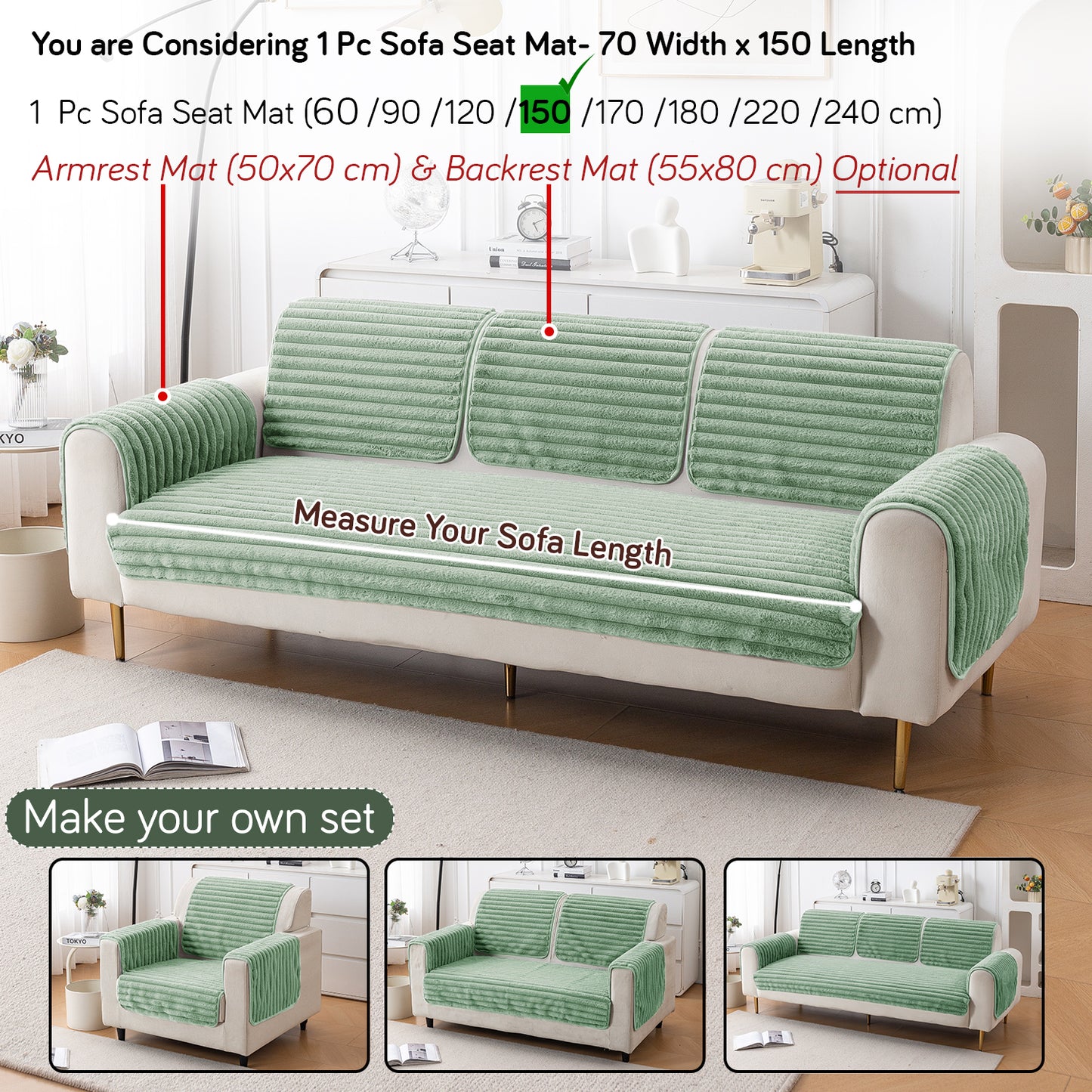 Faux Rabbit Fur Plush Anti-Slip Sofa Mat |Snuggle Fur Sage Green