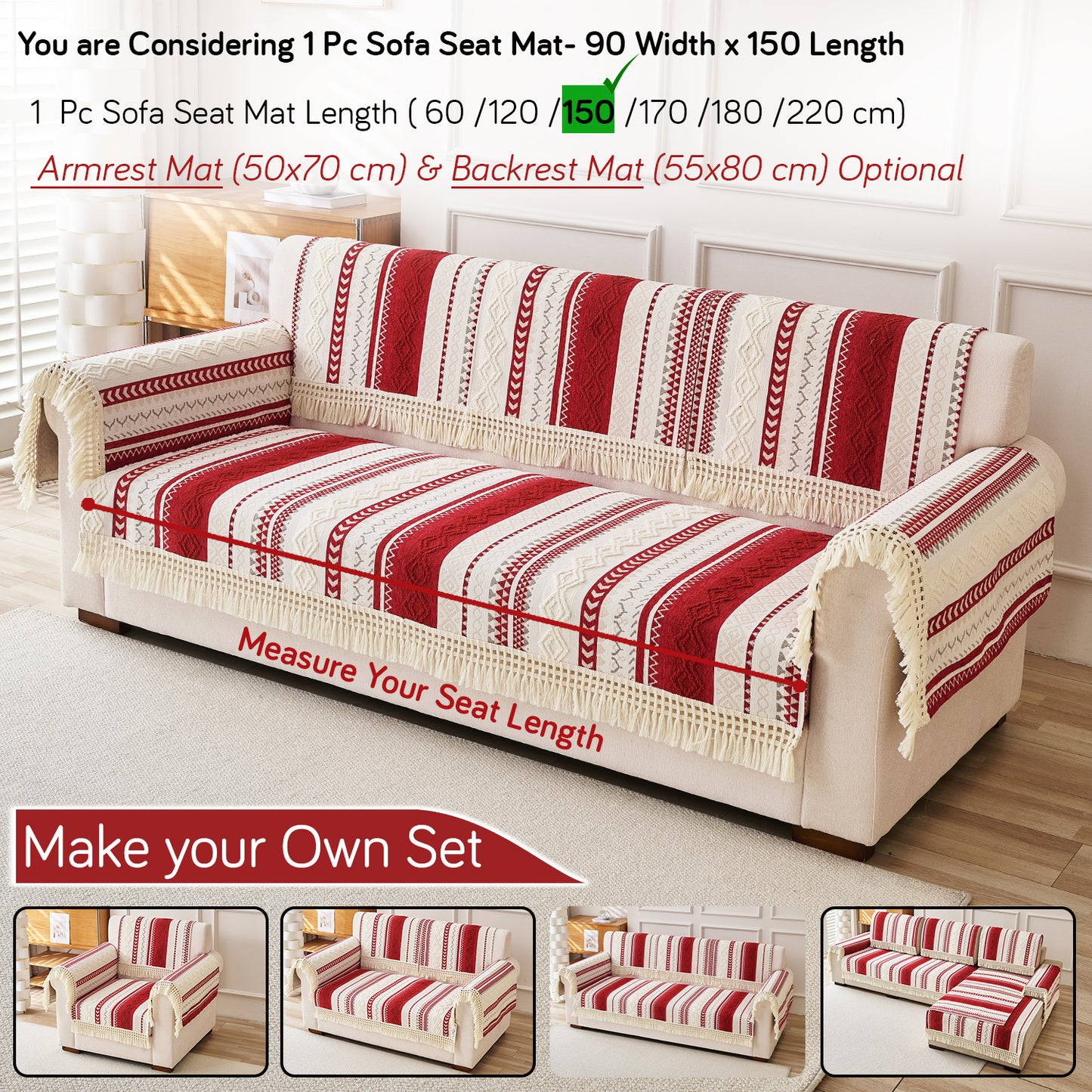 Nordic Boho Geometric Sofa Cover Mat with Tassel, 'Nordic Tassel Series'  Ruby Cream
