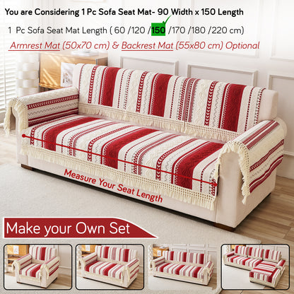 Nordic Boho Geometric Sofa Cover Mat with Tassel, 'Nordic Tassel Series'  Ruby Cream
