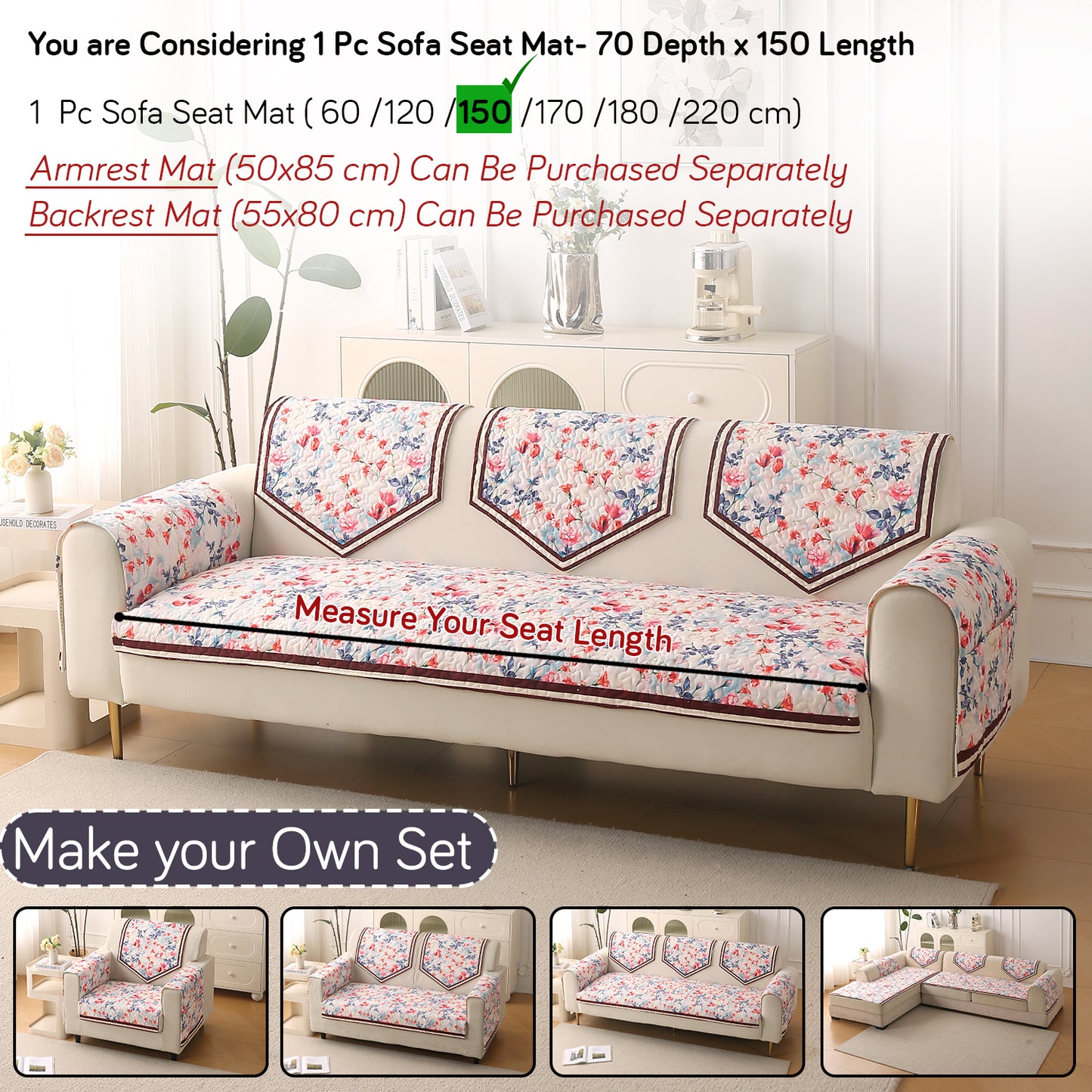 Florentina Series Premium Holland Velvet Sofa Cover Mat - Scarlet Rose Ivory