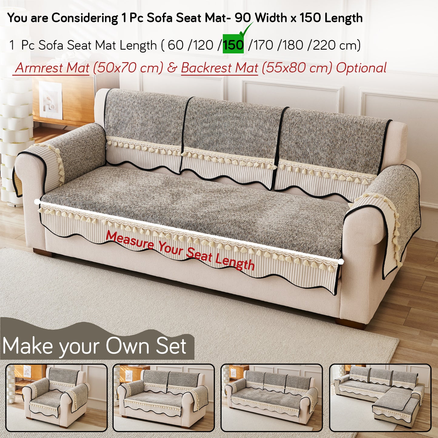 Thick Woven Weave Chenille Sofa Cover with Tassel|'Wavy Royale Series' Taupe Mist