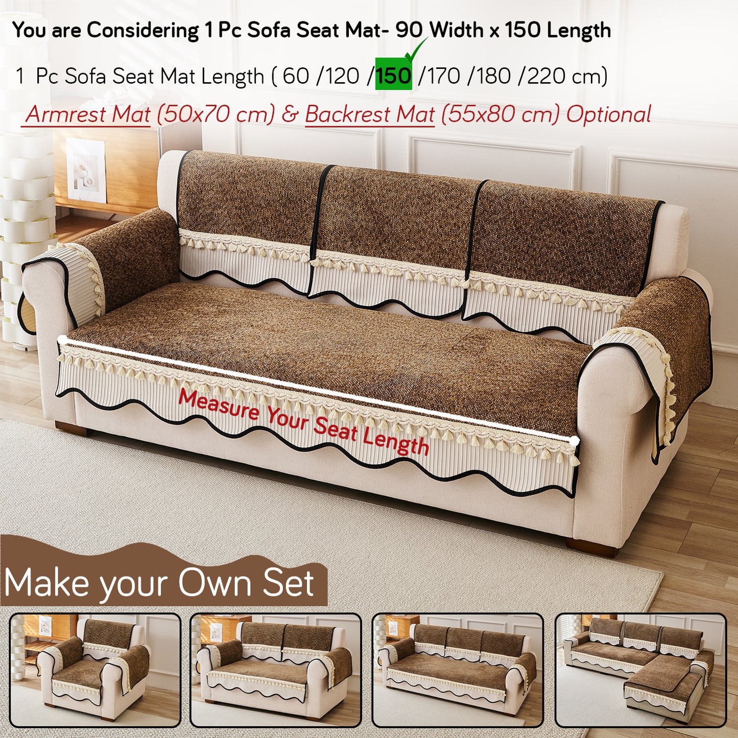 Thick Woven Weave Chenille Sofa Cover with Tassel|'Wavy Royale Series' Chestnut Brown
