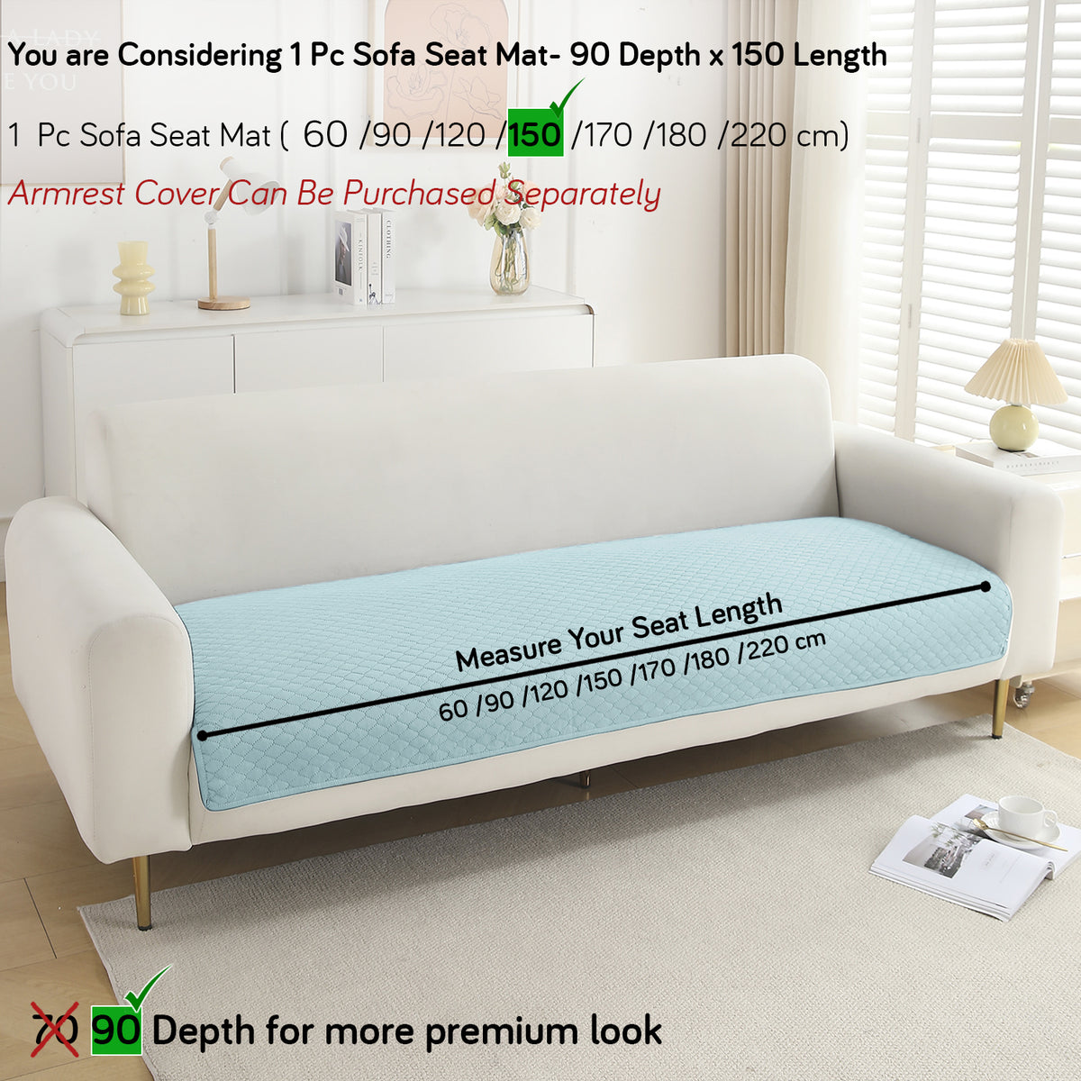 Polyester Quilted Sofa Cover Mats, Light Sky Blue