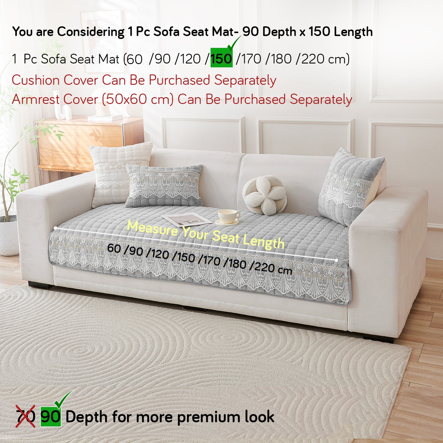BelleLace Series Imperial Milk Velvet Sofa Cover Mat with Lace Design - Cloud Grey