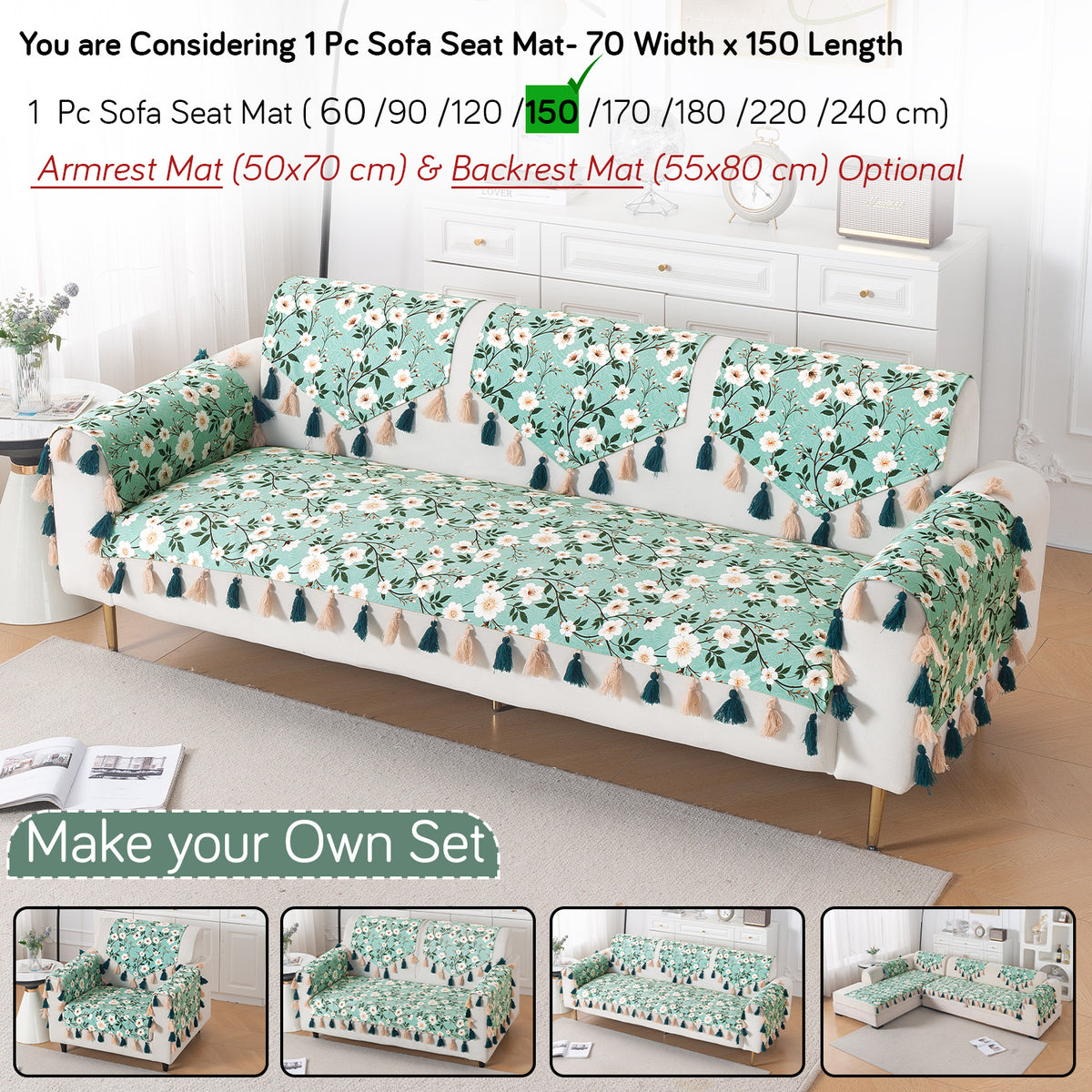 'Whispers of Nature' Series Holland Velvet Sofa Mat with Tassel, Sage Floral Vine