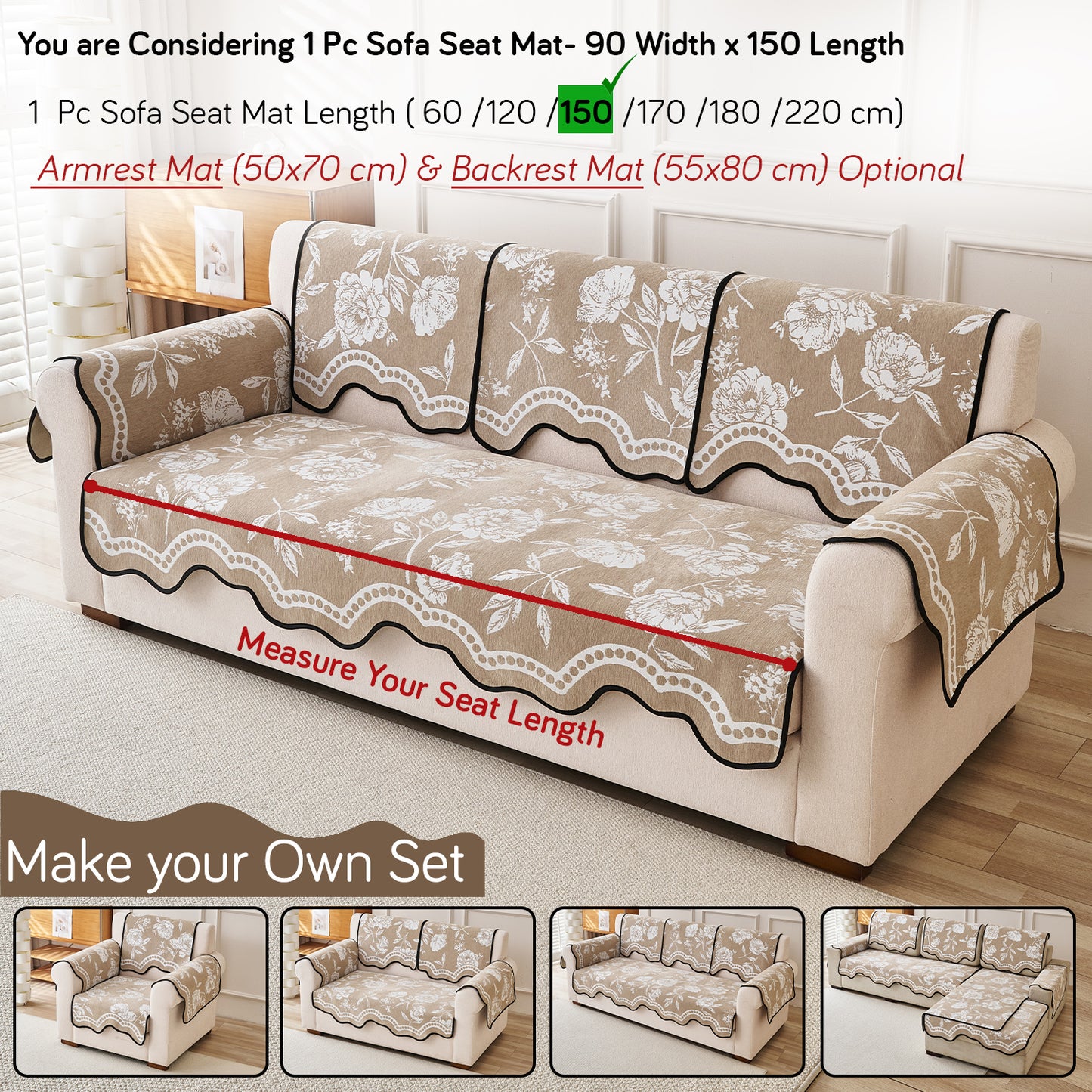 Chenille Sofa Cover Mat with Curvy Edges, 'Retro Curves Series' Sofa Mat, Sand Beige