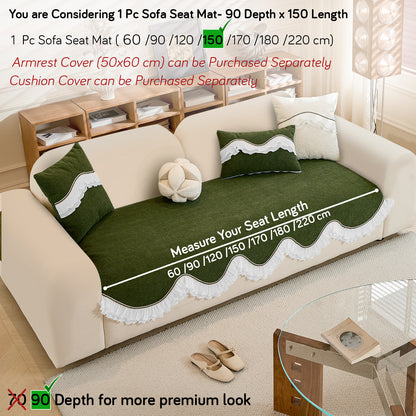 French Classic Frill Wavy Sofa Cover Mat, Dark Olive Green