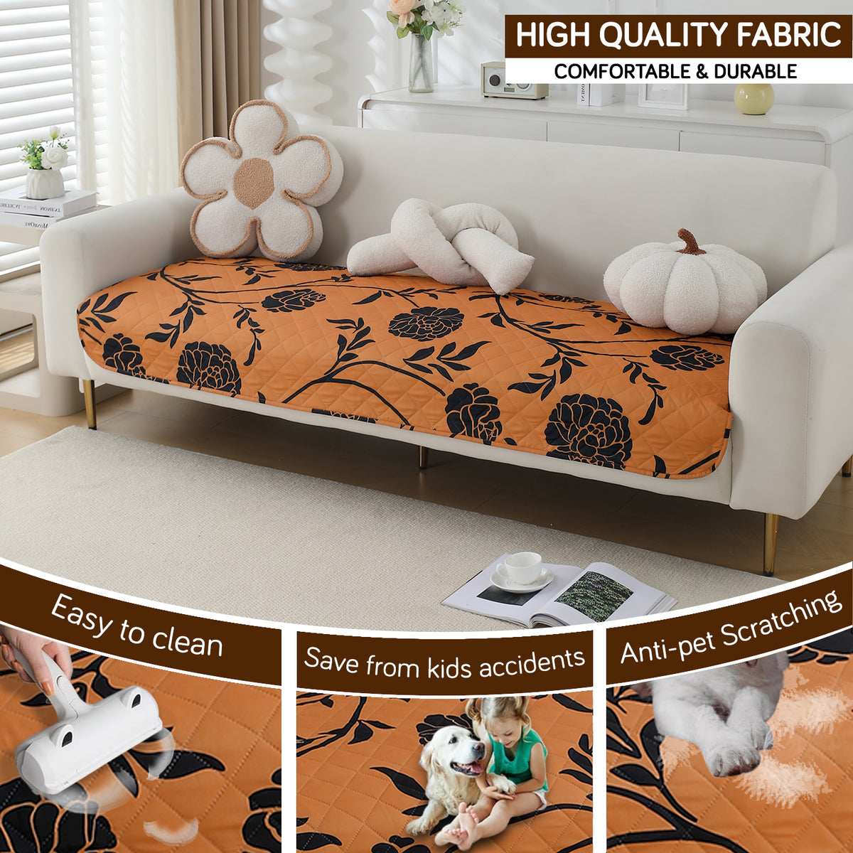 Water Repellent + Waterproof Quilted Sofa Mats, Copper Brown Floral