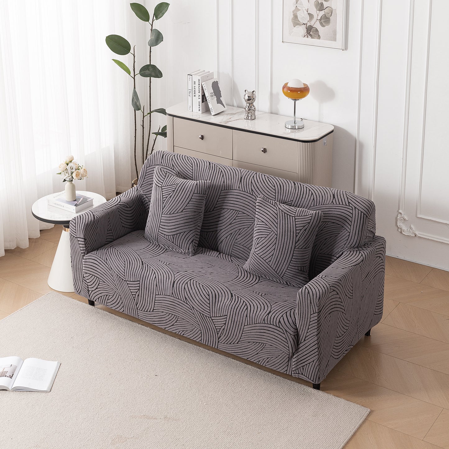 'WaveLine Series' Jacquard Sofa Cover 1/2/3/4-seater Fully Covered, Charcoal Grey