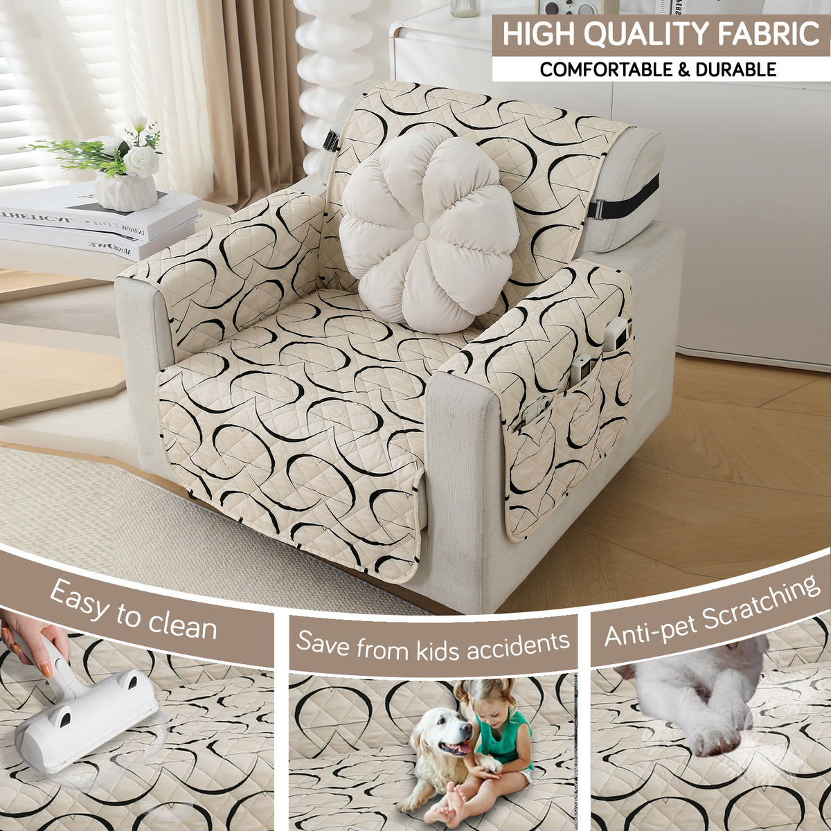 Waterproof & Quick-Dry Quilted Sofa Cover with Pockets on Armrest, Natural Beige Abstract Art
