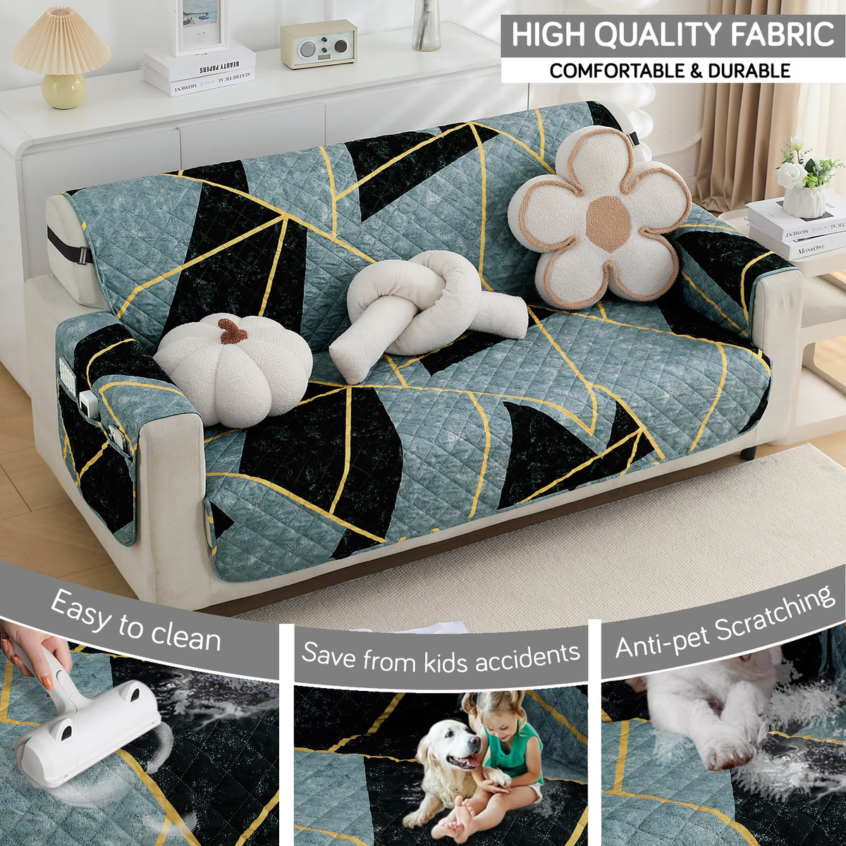 Waterproof & Quick-Dry Quilted Sofa Cover with Pockets on Armrest, Multicolor Abstract Geometry