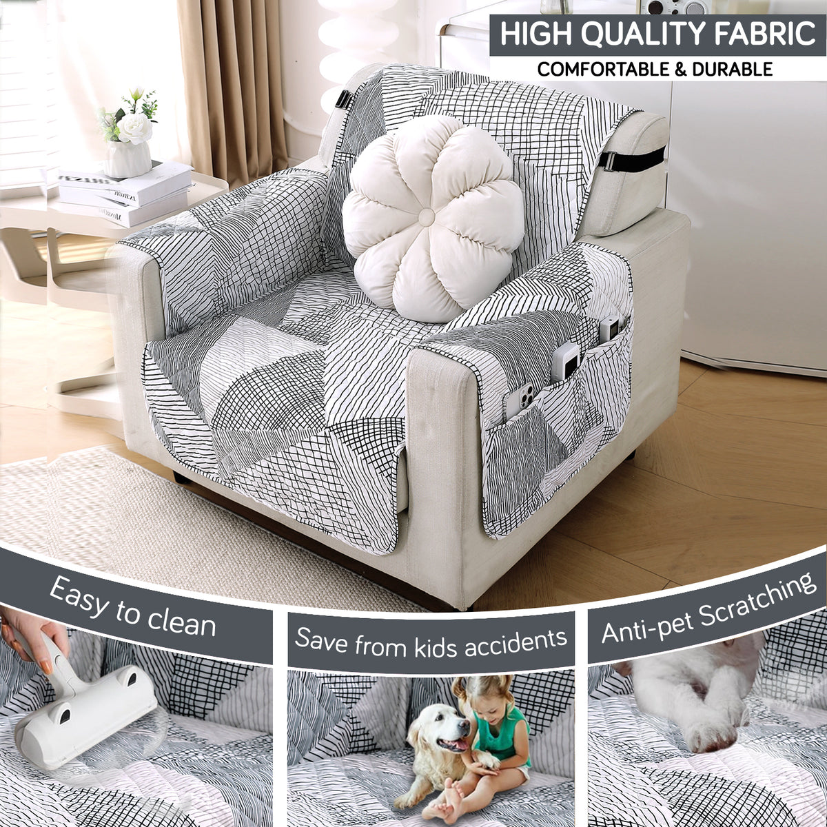 Waterproof & Quick-Dry Quilted Sofa Cover with Pockets on Armrest, Snow White Black Geometry