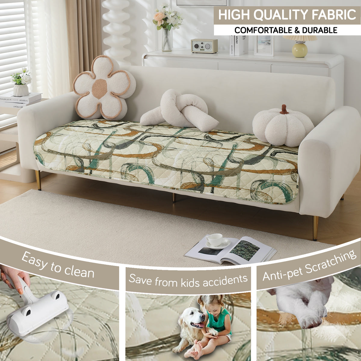 Water Repellent + Waterproof Quilted Sofa Mats, Parchement Beige Abstract Art