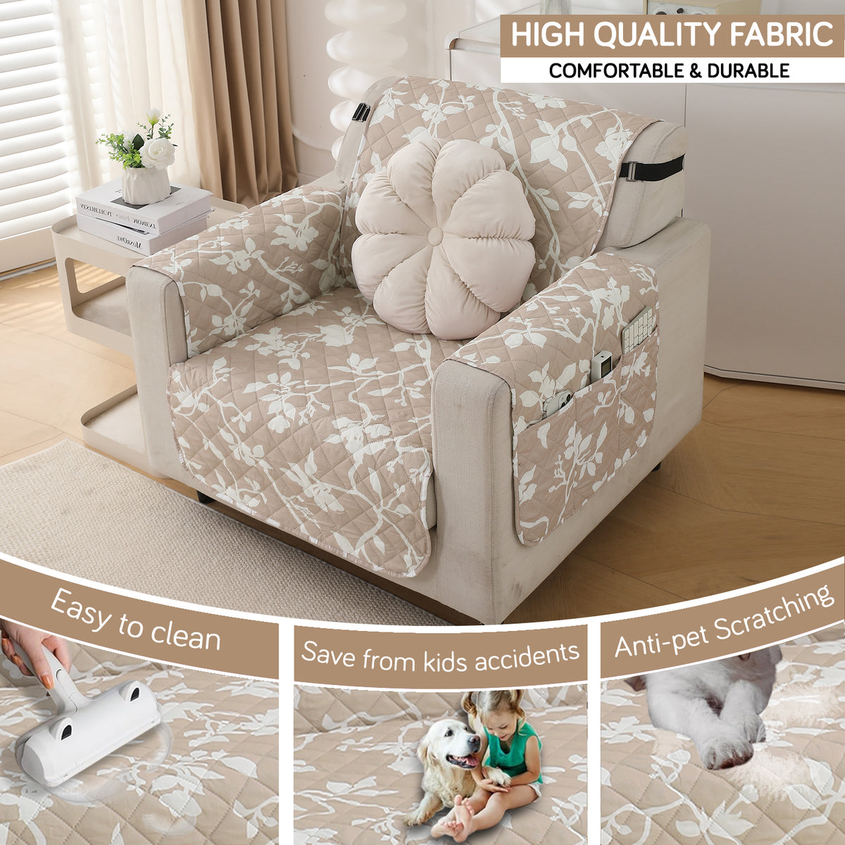 Waterproof & Quick-Dry Quilted Sofa Cover with Pockets on Armrest, Buff Brown Sillehoute Floral