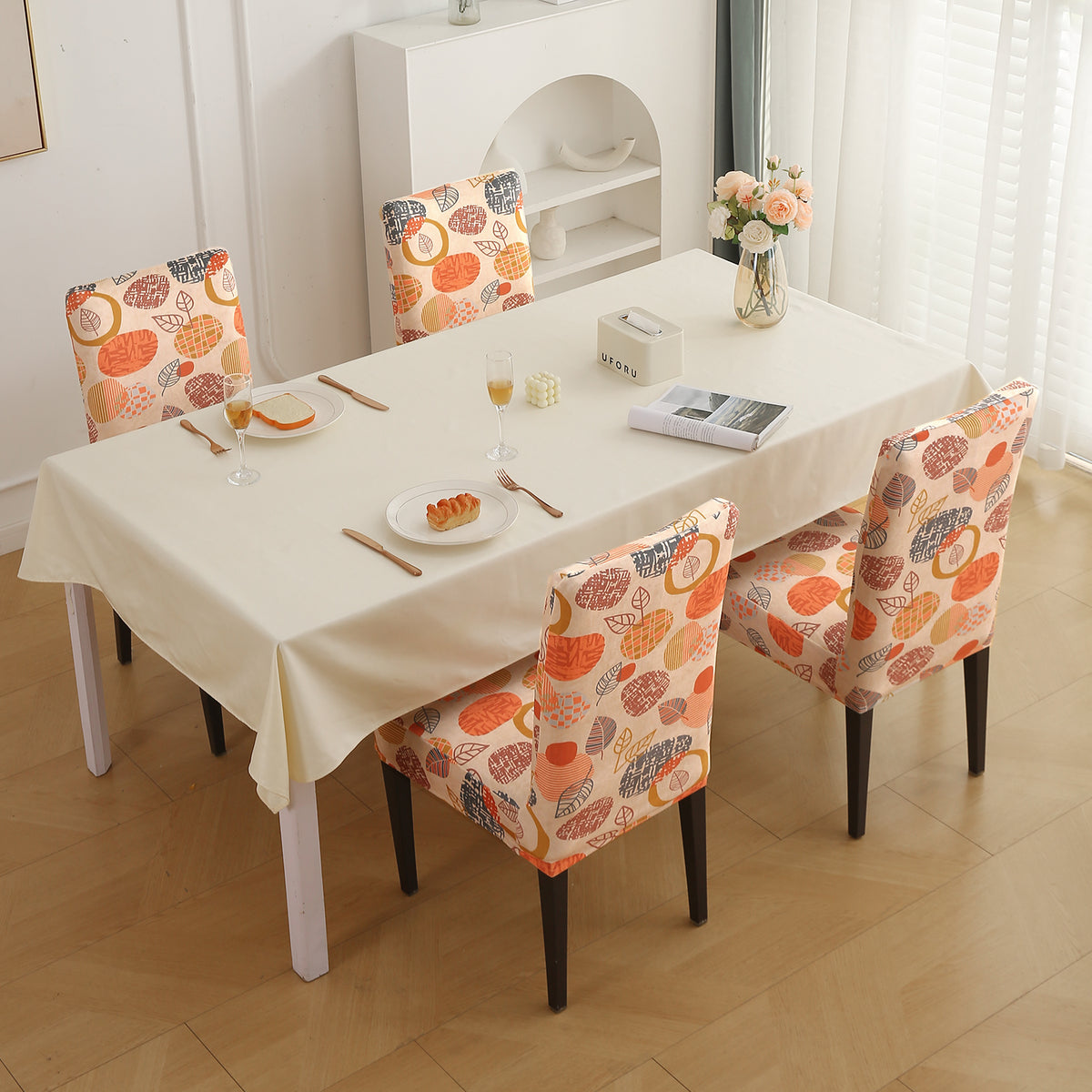 Premium Printed Velvet Dining Chair Cover Set, Coral Autumn Leaves