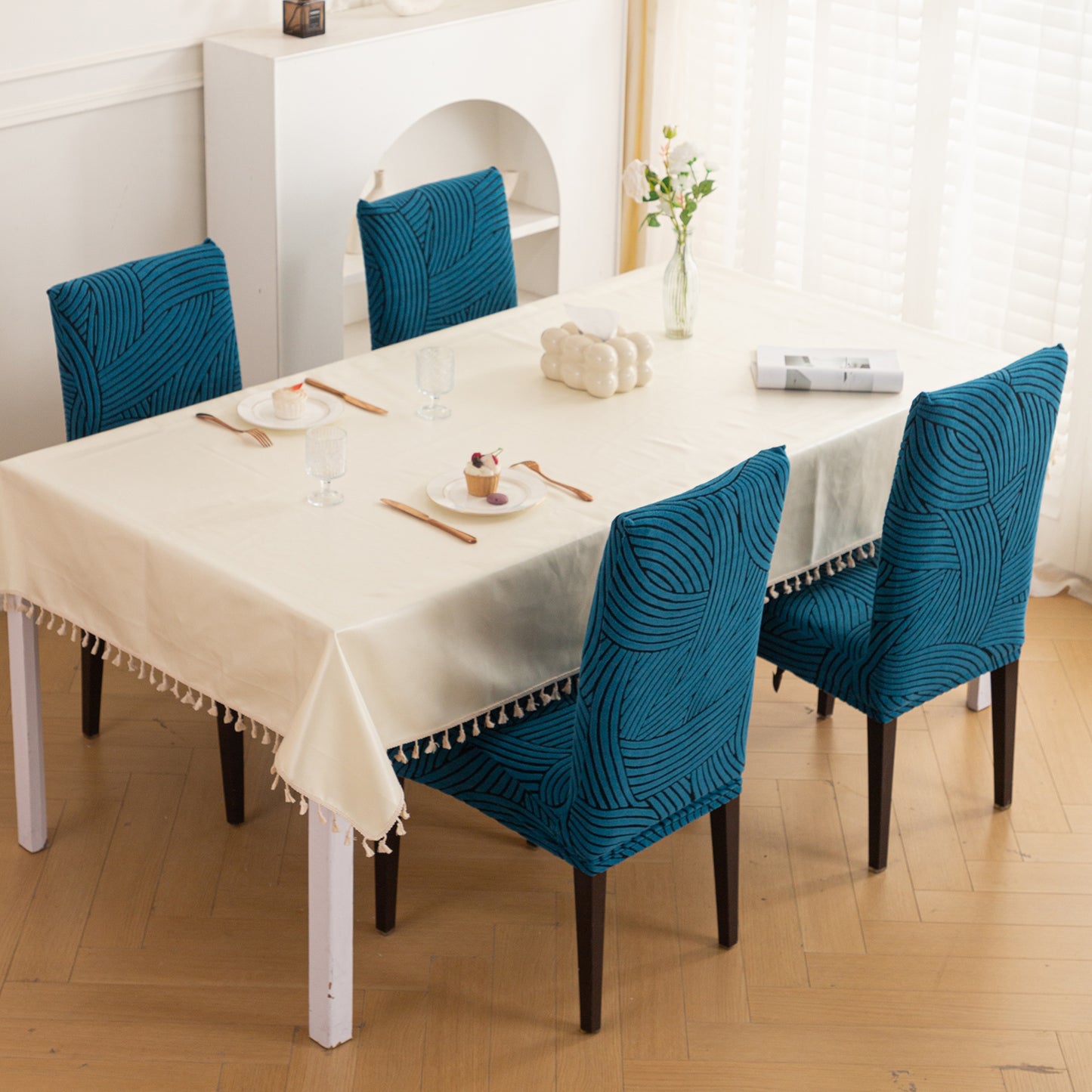 WaveLine Series 180 GSM Jacquard Chair Cover Set of 1/2/4/6, Teal Green