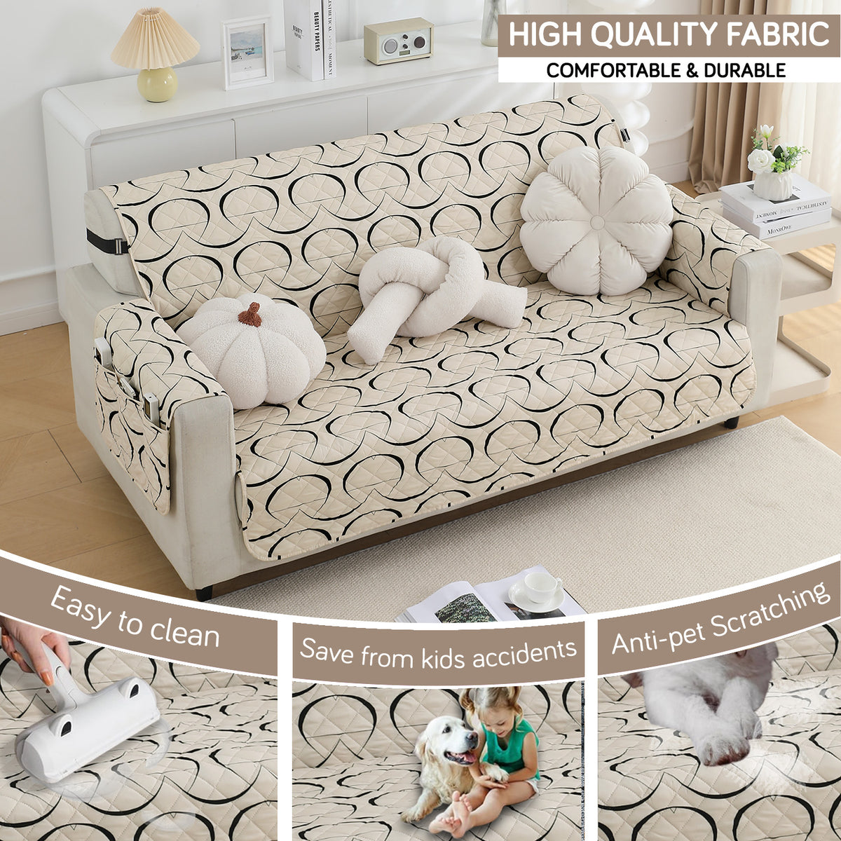 Waterproof & Quick-Dry Quilted Sofa Cover with Pockets on Armrest, Natural Beige Abstract Art