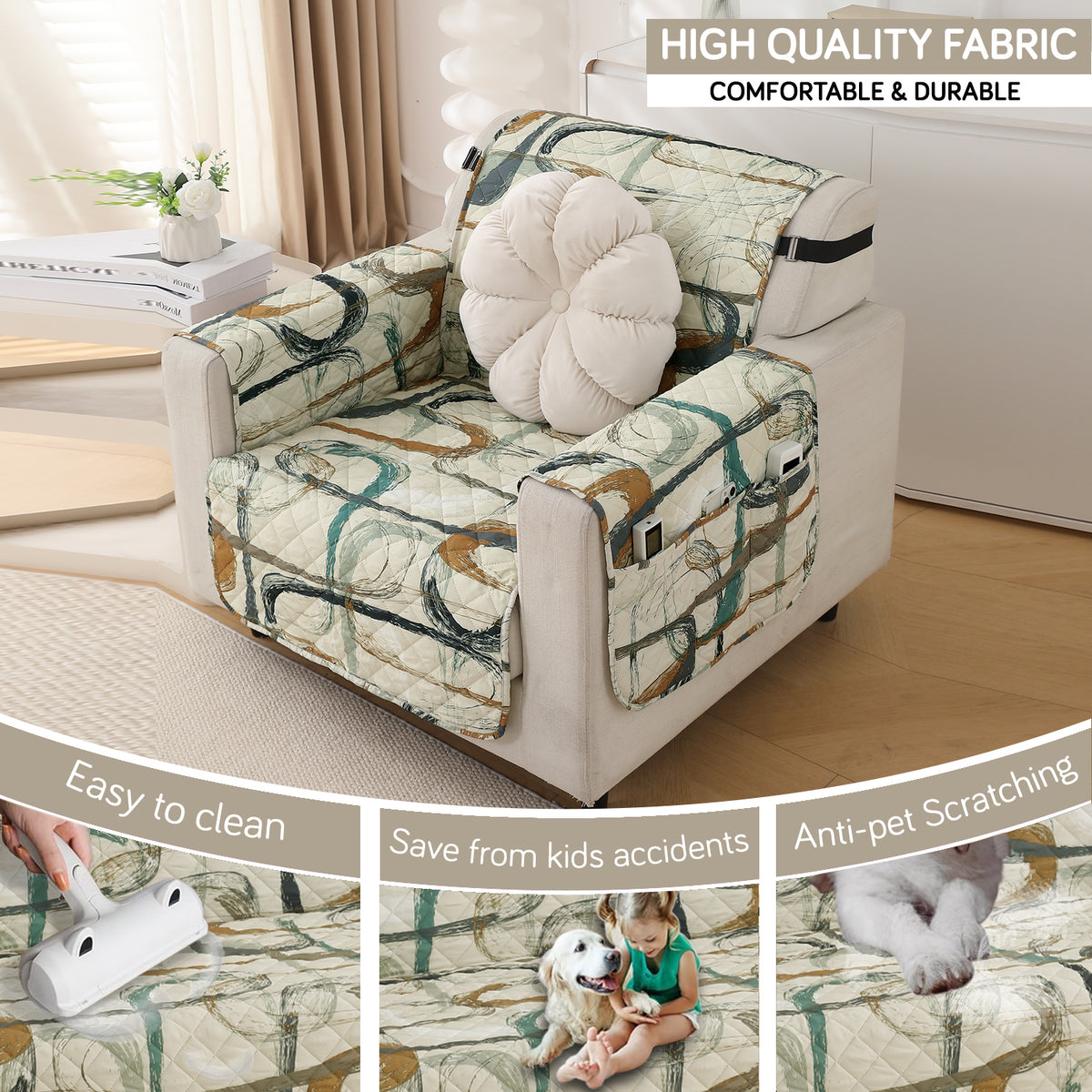 Waterproof & Quick-Dry Quilted Sofa Cover with Pockets on Armrest, Parchement Beige Abstract Art