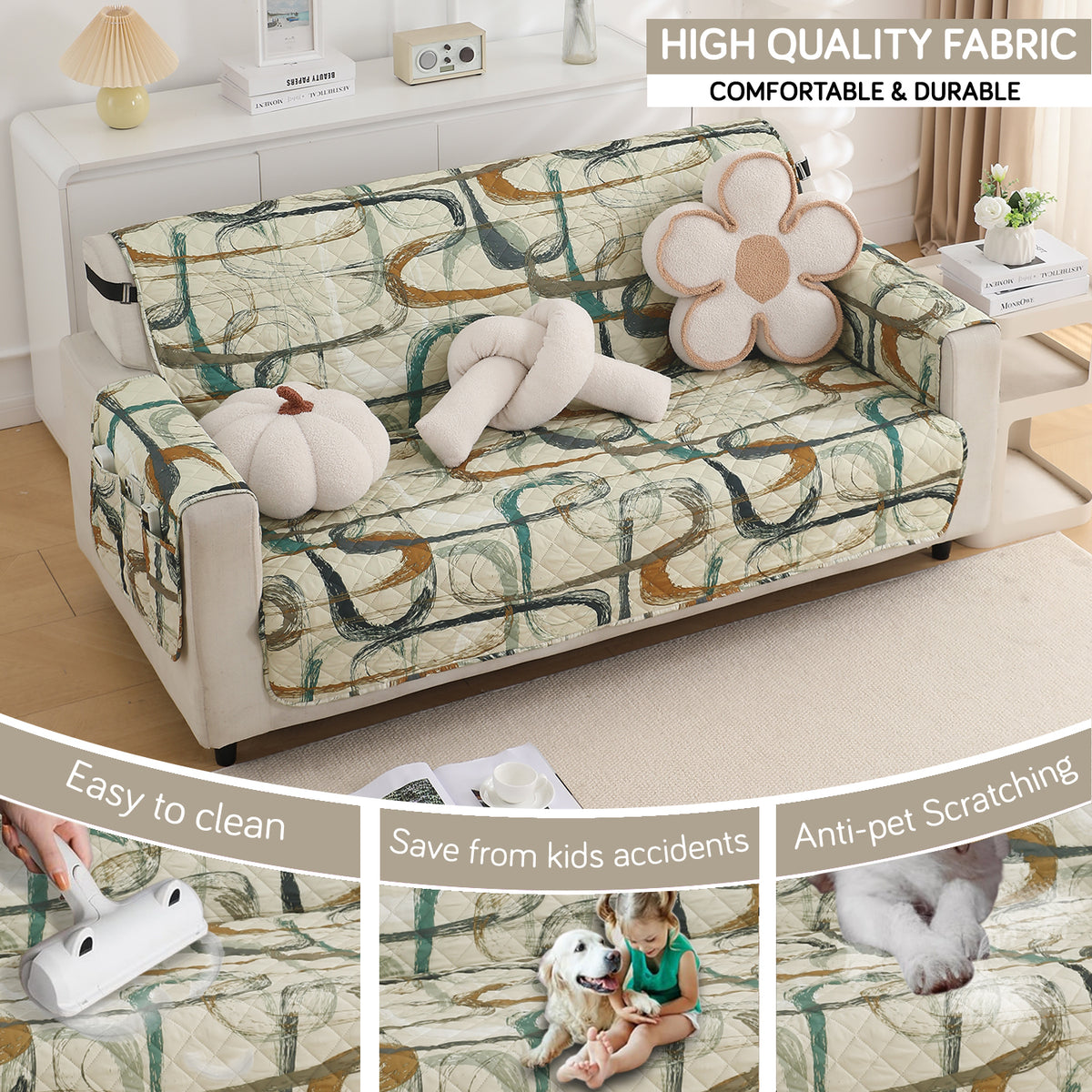Waterproof & Quick-Dry Quilted Sofa Cover with Pockets on Armrest, Parchement Beige Abstract Art