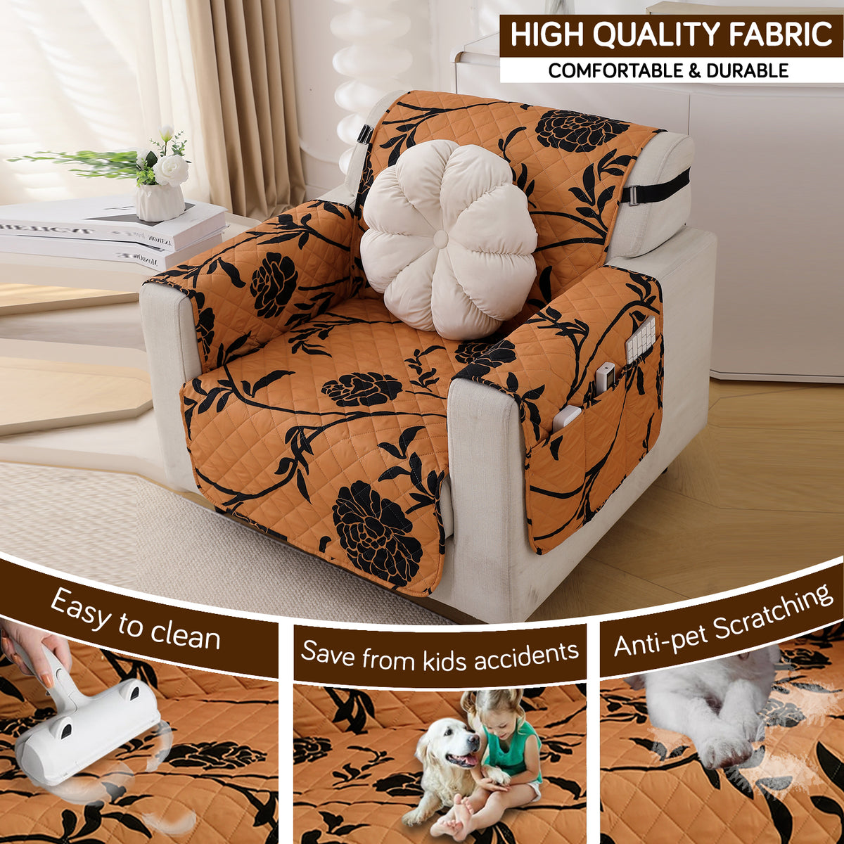 Waterproof & Quick-Dry Quilted Sofa Cover with Pockets on Armrest and Cushion Cover, Copper Brown Floral