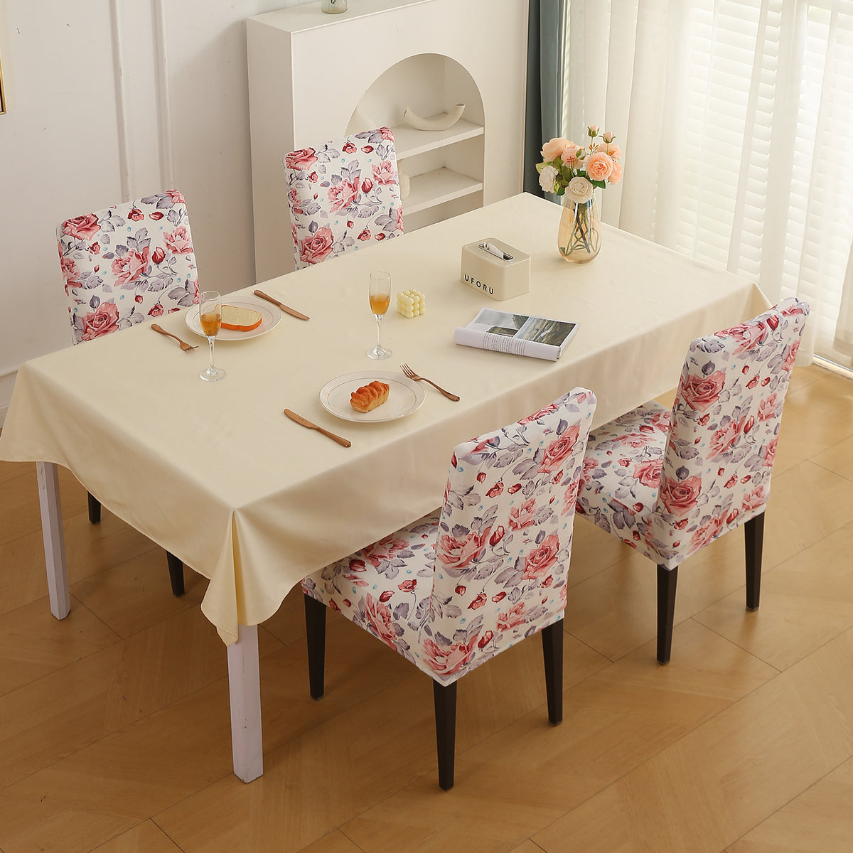 Premium Printed Velvet Dining Chair Cover Set, Red Cottage Rose