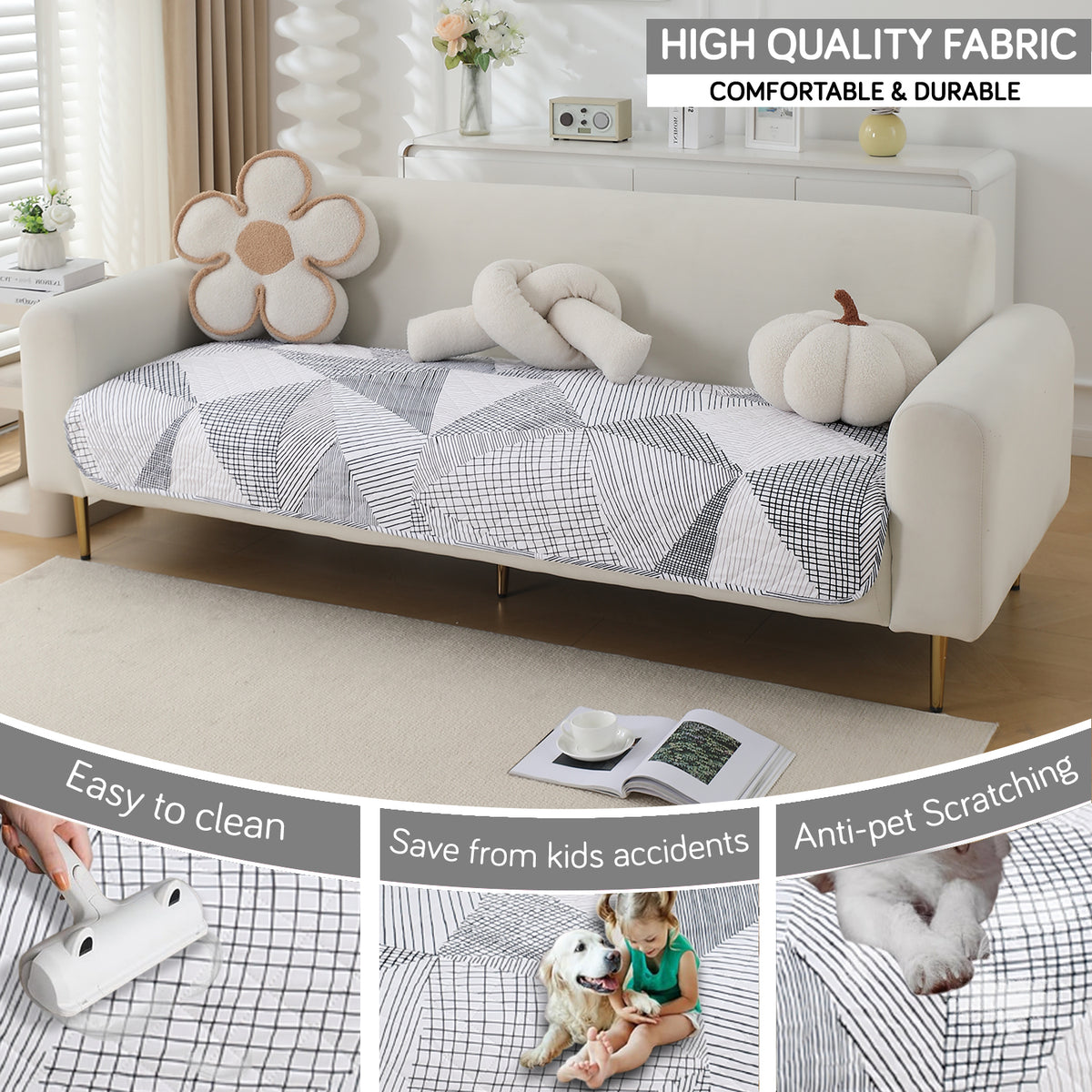 Water Repellent + Waterproof Quilted Sofa Mats, Snow White Black Geometry