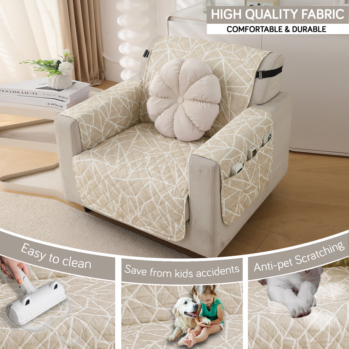 Waterproof & Quick-Dry Quilted Sofa Cover with Pockets on Armrest, Beige Abstract Geometry