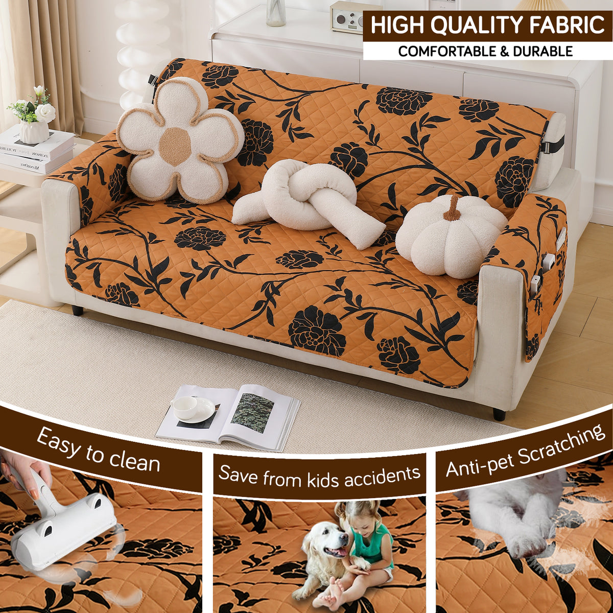 Waterproof & Quick-Dry Quilted Sofa Cover with Pockets on Armrest and Cushion Cover, Copper Brown Floral