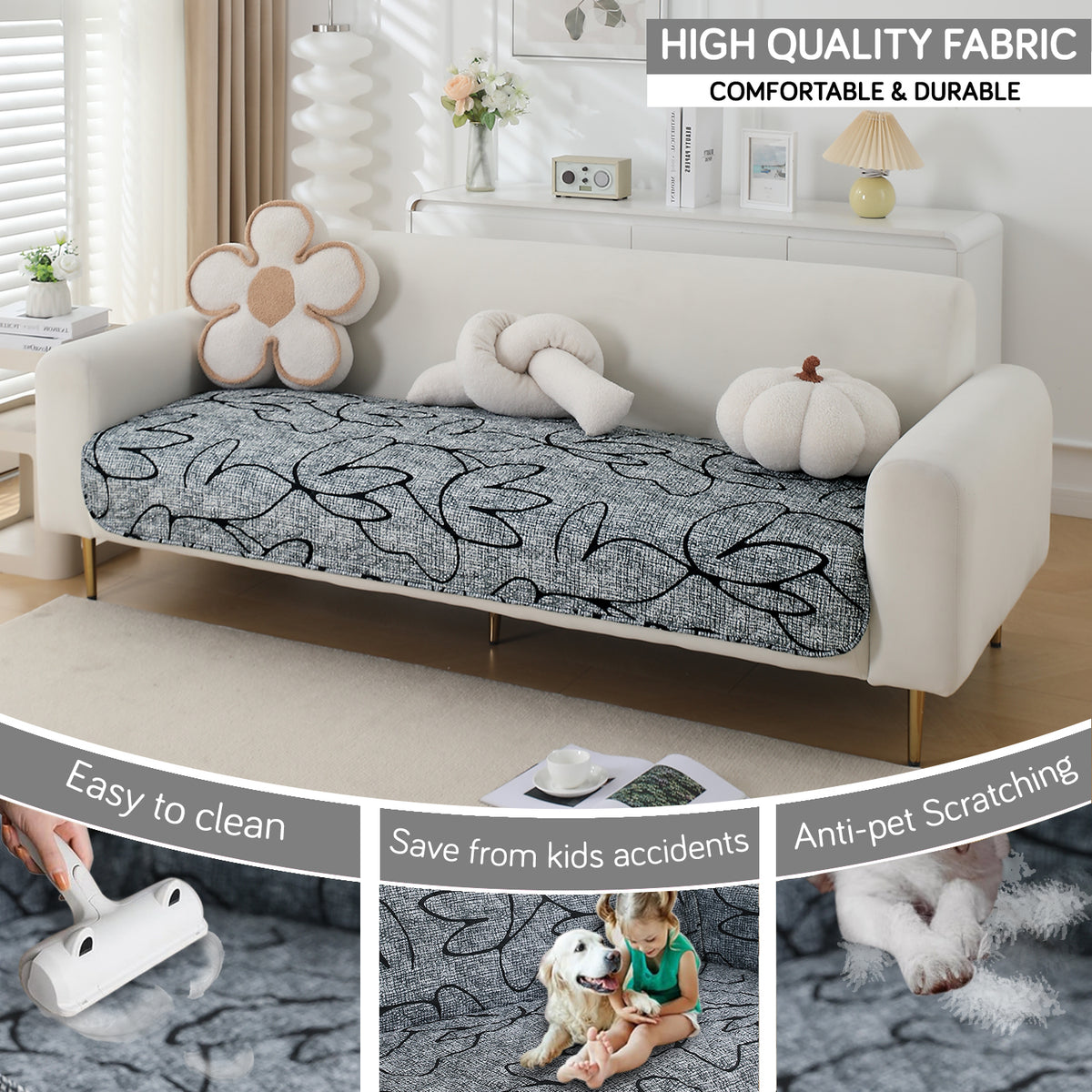 Water Repellent + Waterproof Quilted Sofa Mats, Intense Grey Abstract Floral