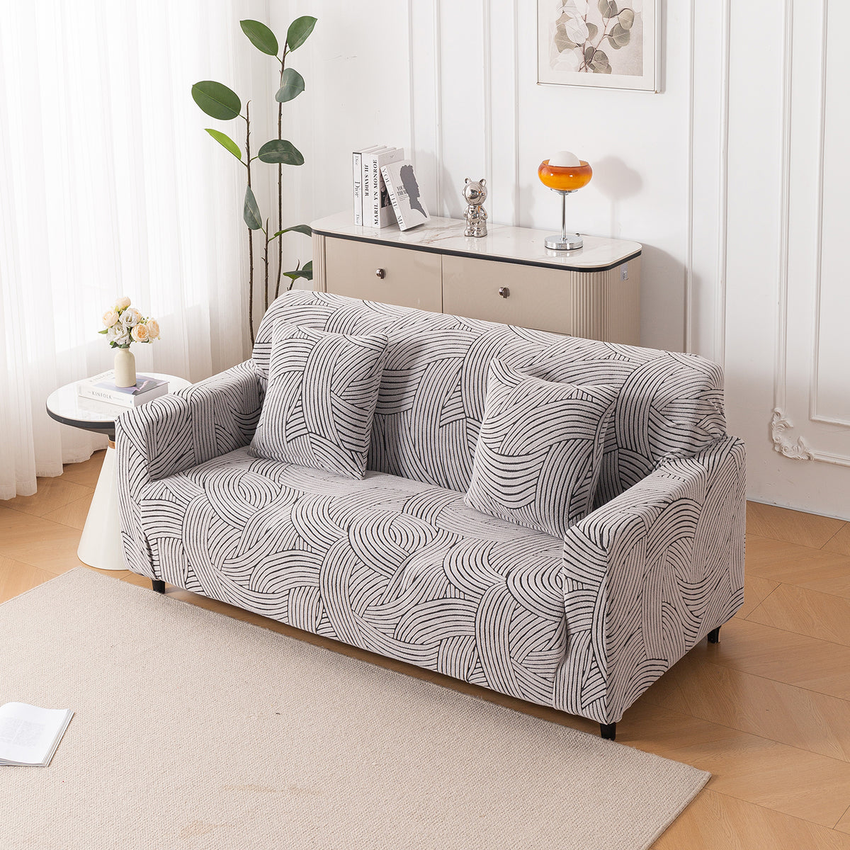 'WaveLine Series' Jacquard Sofa Cover 1/2/3/4-seater Fully Covered, Classic White