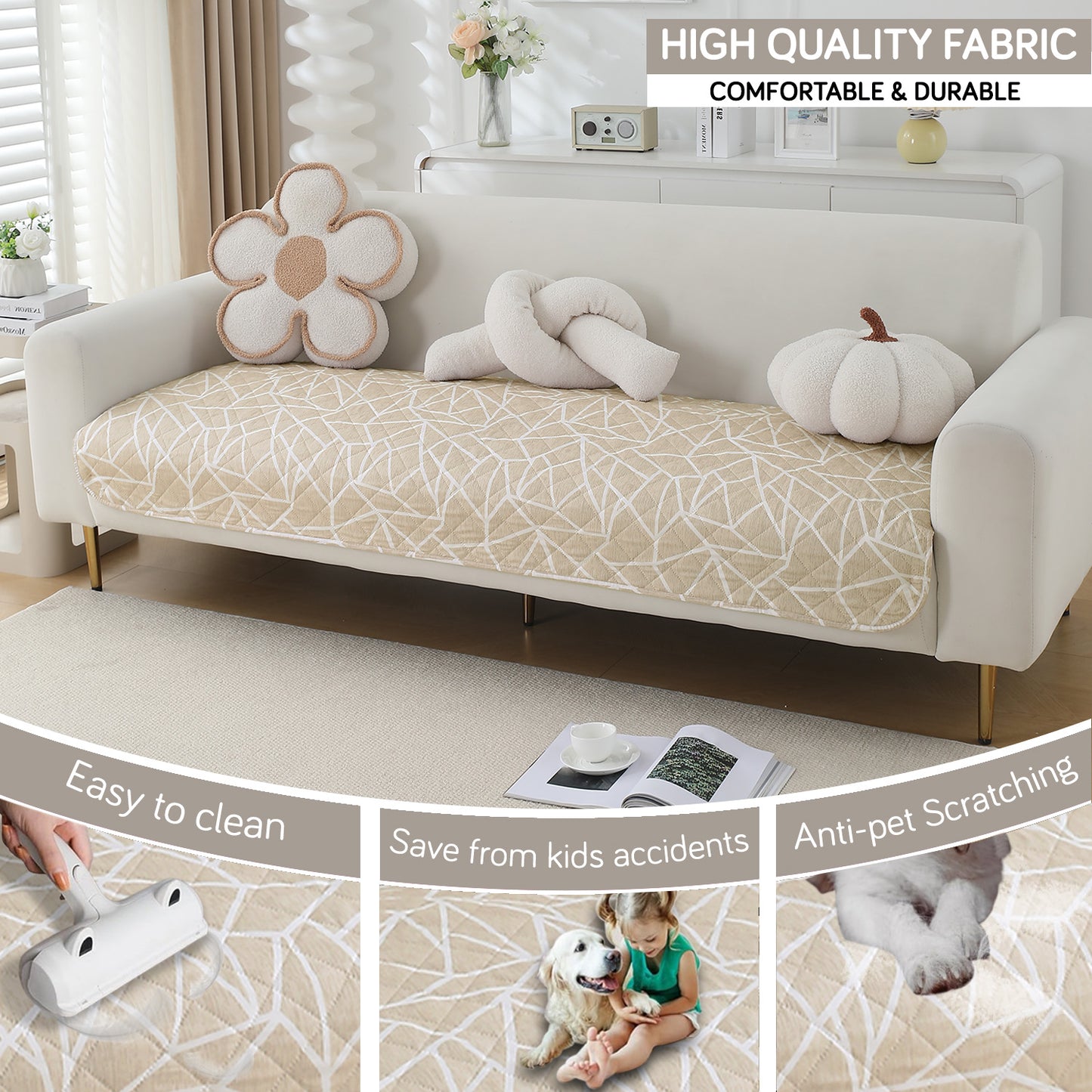 HOKIPO Water Repellent + Waterproof Quilted Sofa Mats, Beige Abstract Geometry