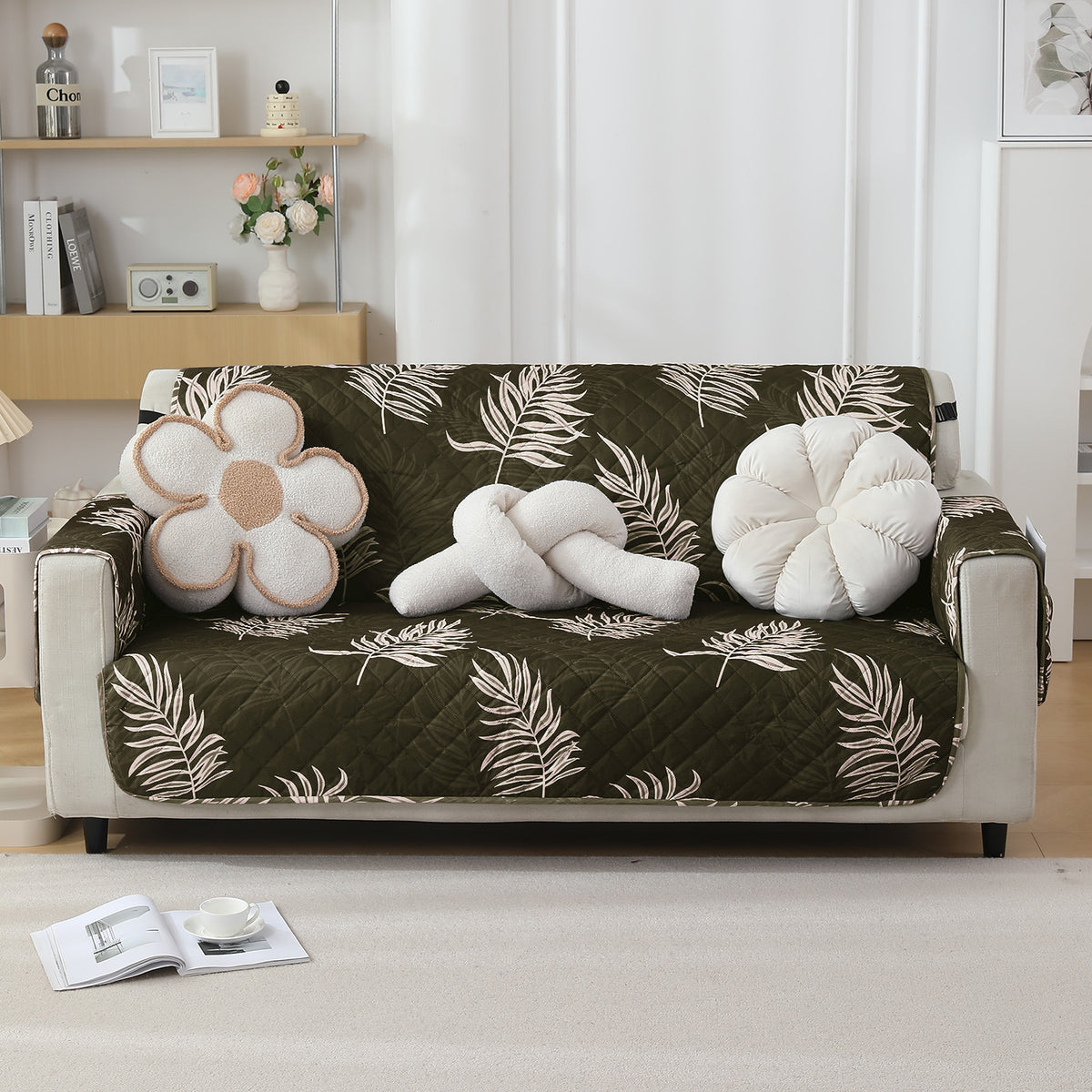 Quilted Waterproof Sofa Cover Mat with Pockets on Armrest Cover - Palm Leaves Olive