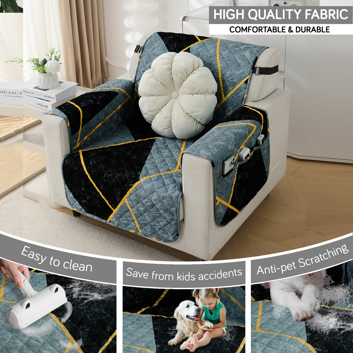 Waterproof & Quick-Dry Quilted Sofa Cover with Pockets on Armrest, Multicolor Abstract Geometry