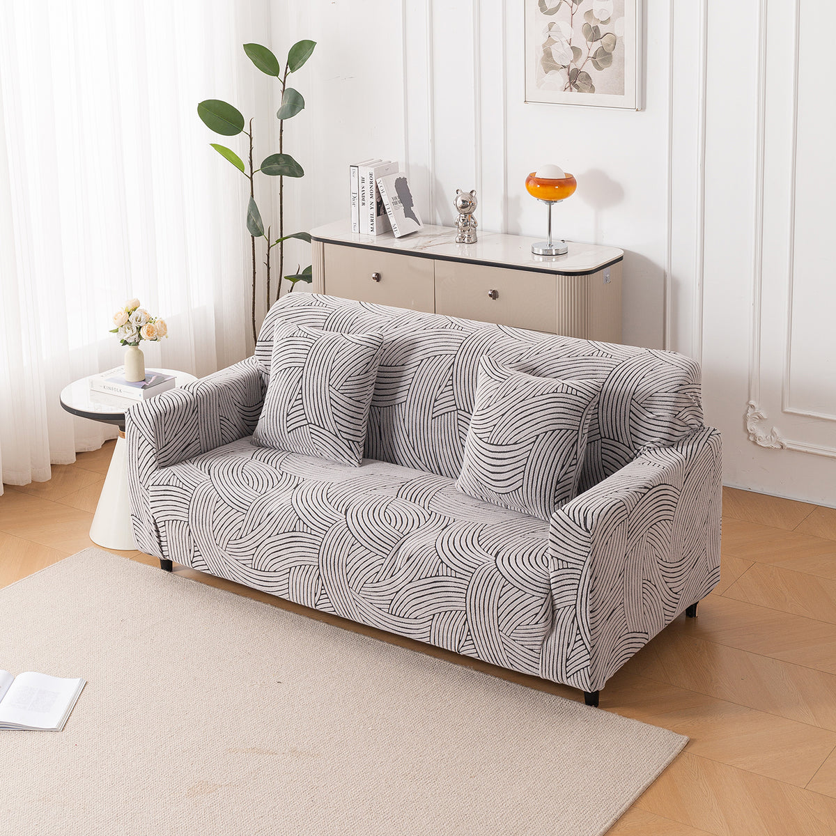 Buy ash grey colour waveline series jacquard two seater sofa cover​ and pillow cover