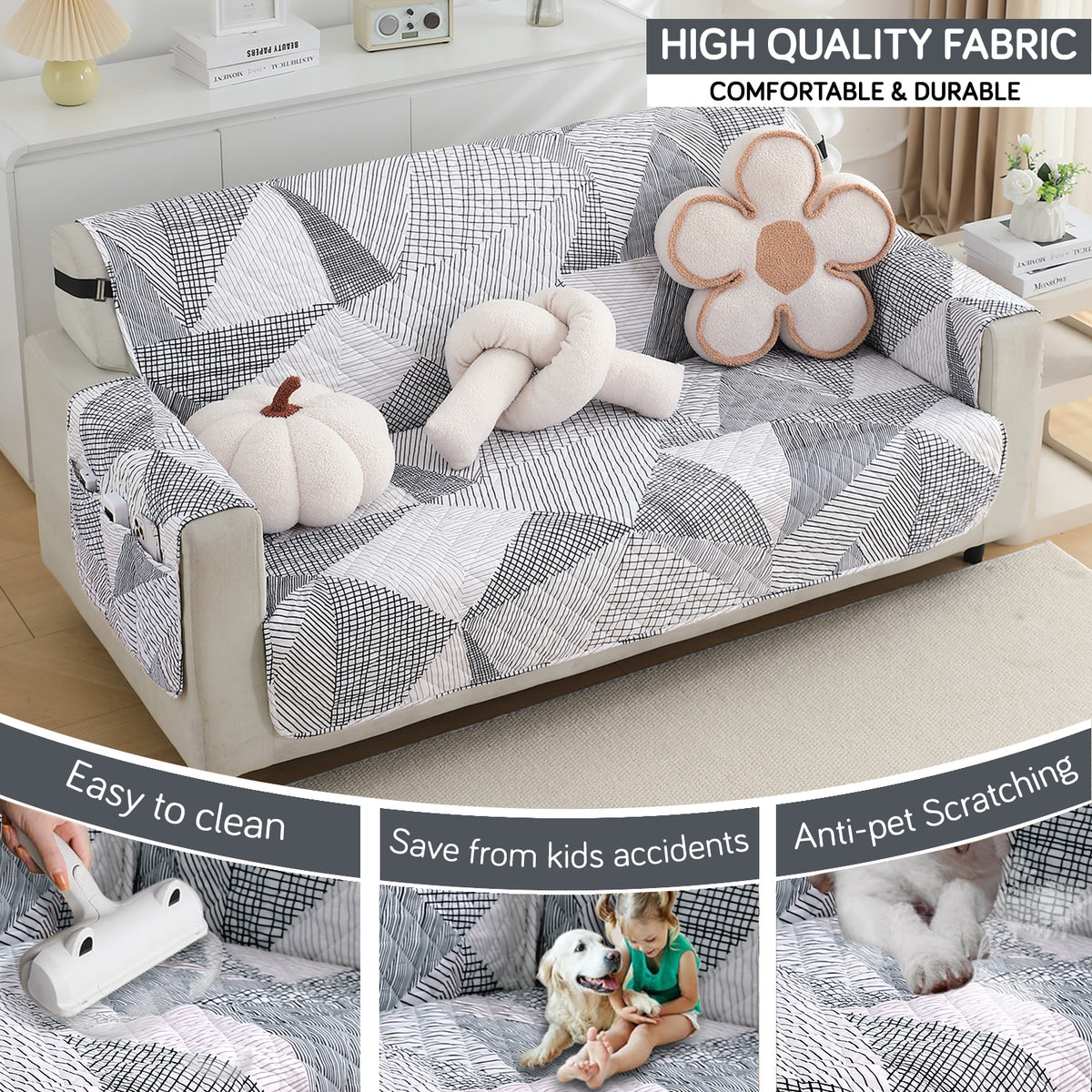 Waterproof & Quick-Dry Quilted Sofa Cover with Pockets on Armrest, Snow White Black Geometry