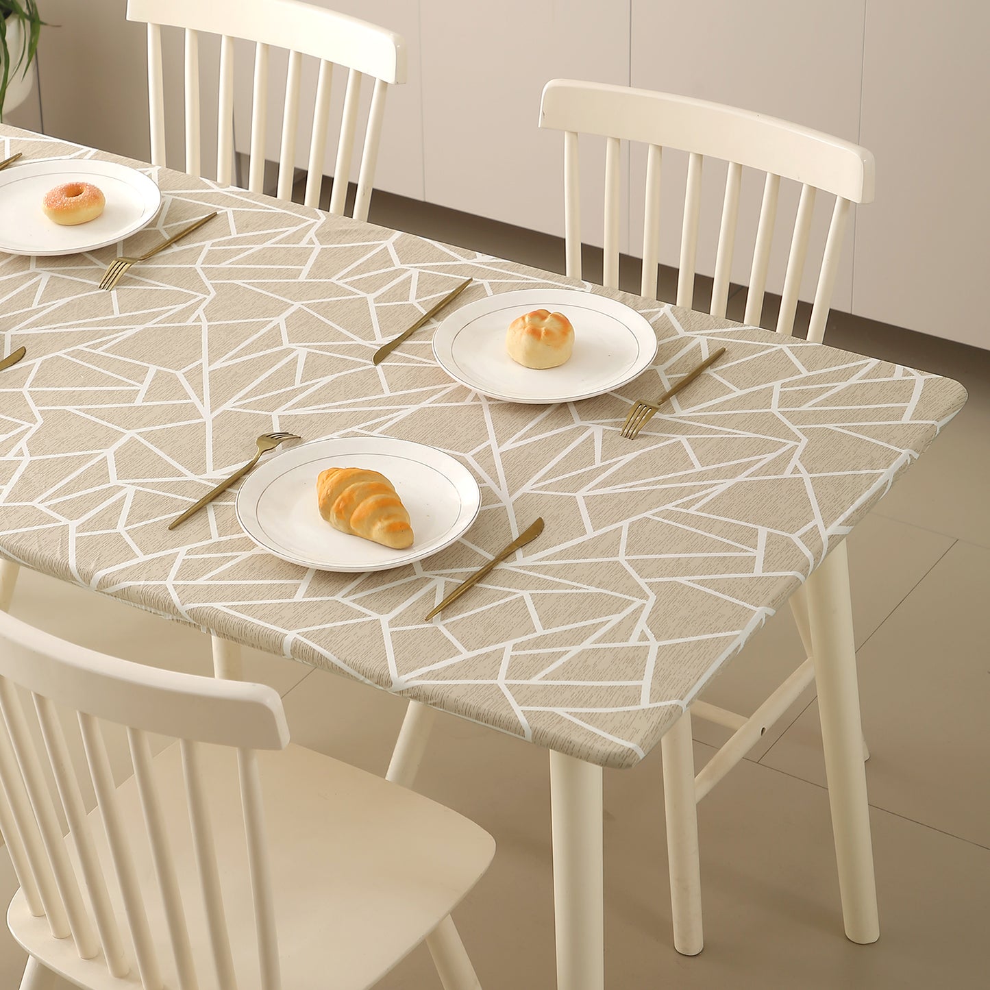 Printed Stretch Fit Water-Repellent & Anti-Slip Table Cloth Cover for 4 Seater / 6 Seater, Beige Abstract Geometry