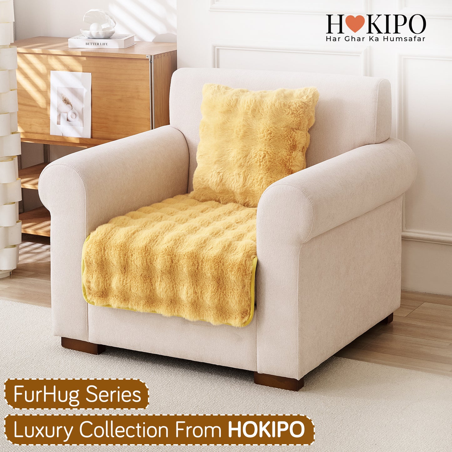 'FurHug' Premium Faux Rabbit Fur Sofa Seat Mats, Honey Yellow