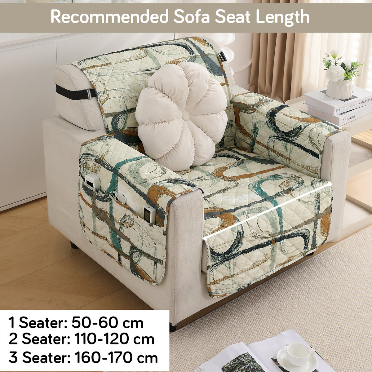 Waterproof & Quick-Dry Quilted Sofa Cover with Pockets on Armrest, Parchement Beige Abstract Art