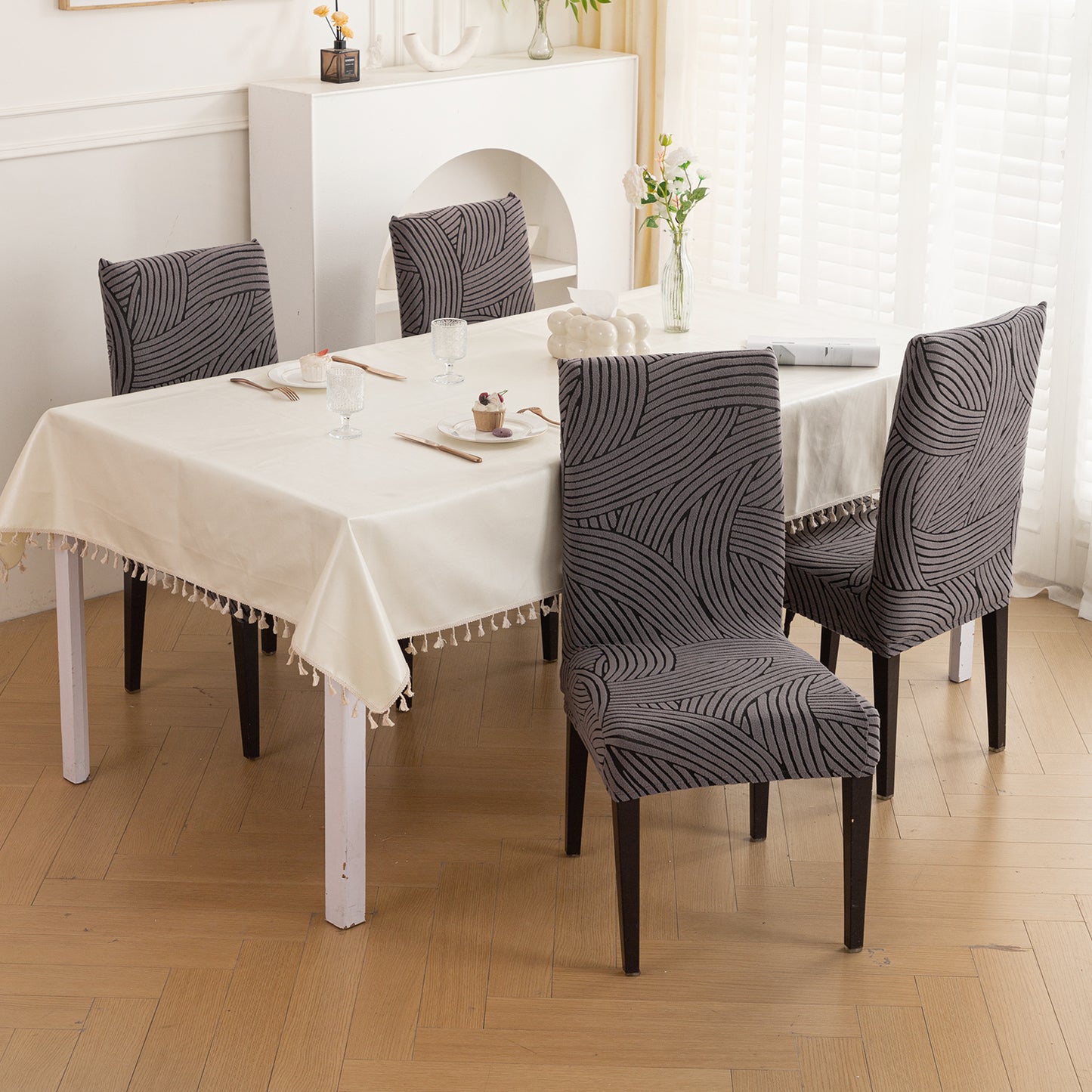 WaveLine Series 180 GSM Jacquard Chair Cover Set of 1/2/4/6, Charcoal Grey