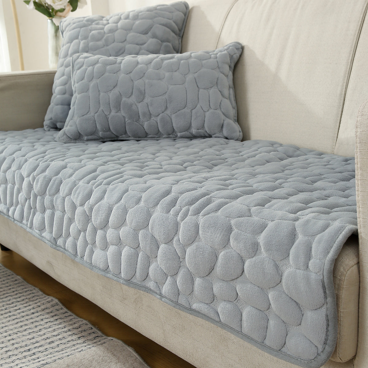 Premium Pebble Milk Velvet Anti Slip Sofa Mats, Moon Grey