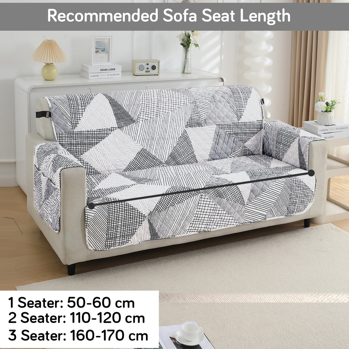 Waterproof & Quick-Dry Quilted Sofa Cover with Pockets on Armrest, Snow White Black Geometry