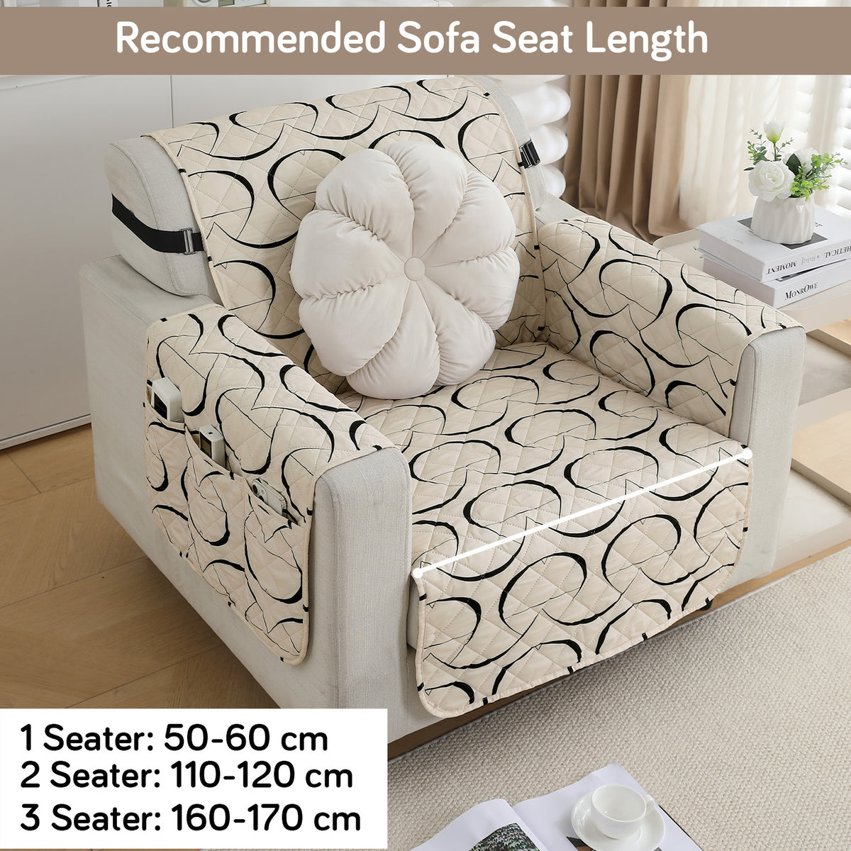 Waterproof & Quick-Dry Quilted Sofa Cover with Pockets on Armrest, Natural Beige Abstract Art