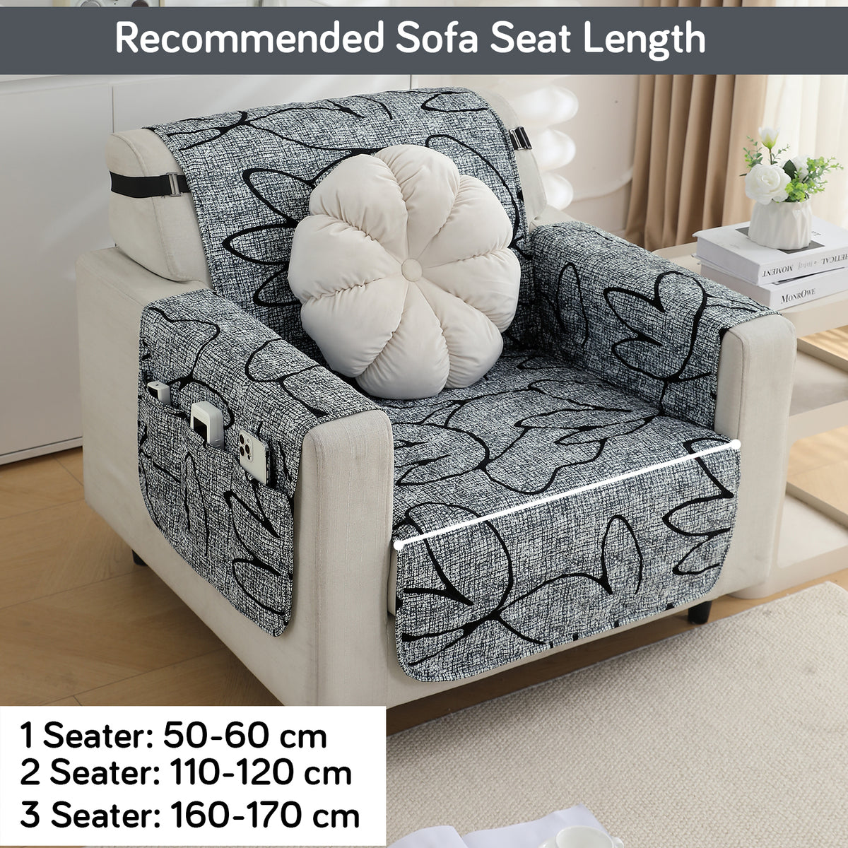 Waterproof & Quick-Dry Quilted Sofa Cover with Pockets on Armrest, Intense Grey Abstract Floral